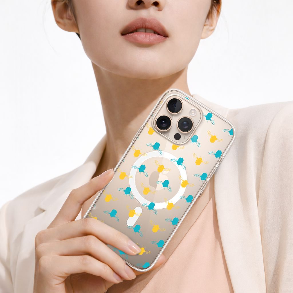 iPhone 16 Pro Max Clear Case - Blue and Yellow Bumble Design