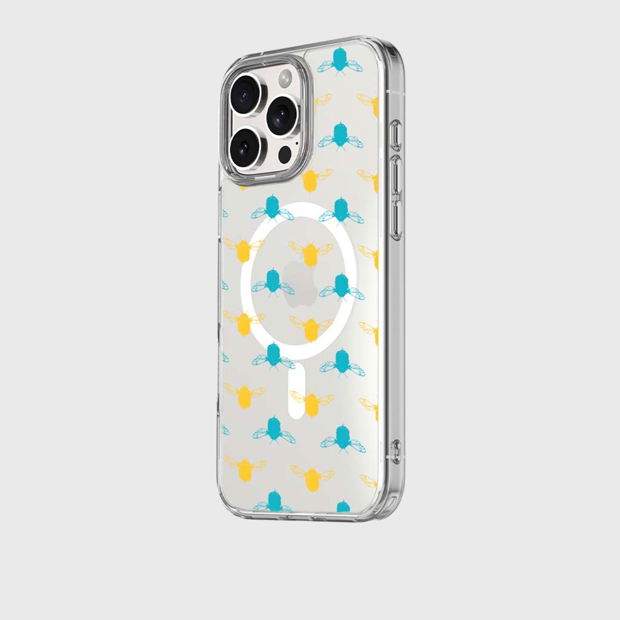 iPhone 15 Pro Max Clear Case - Blue and Yellow Bumble Design