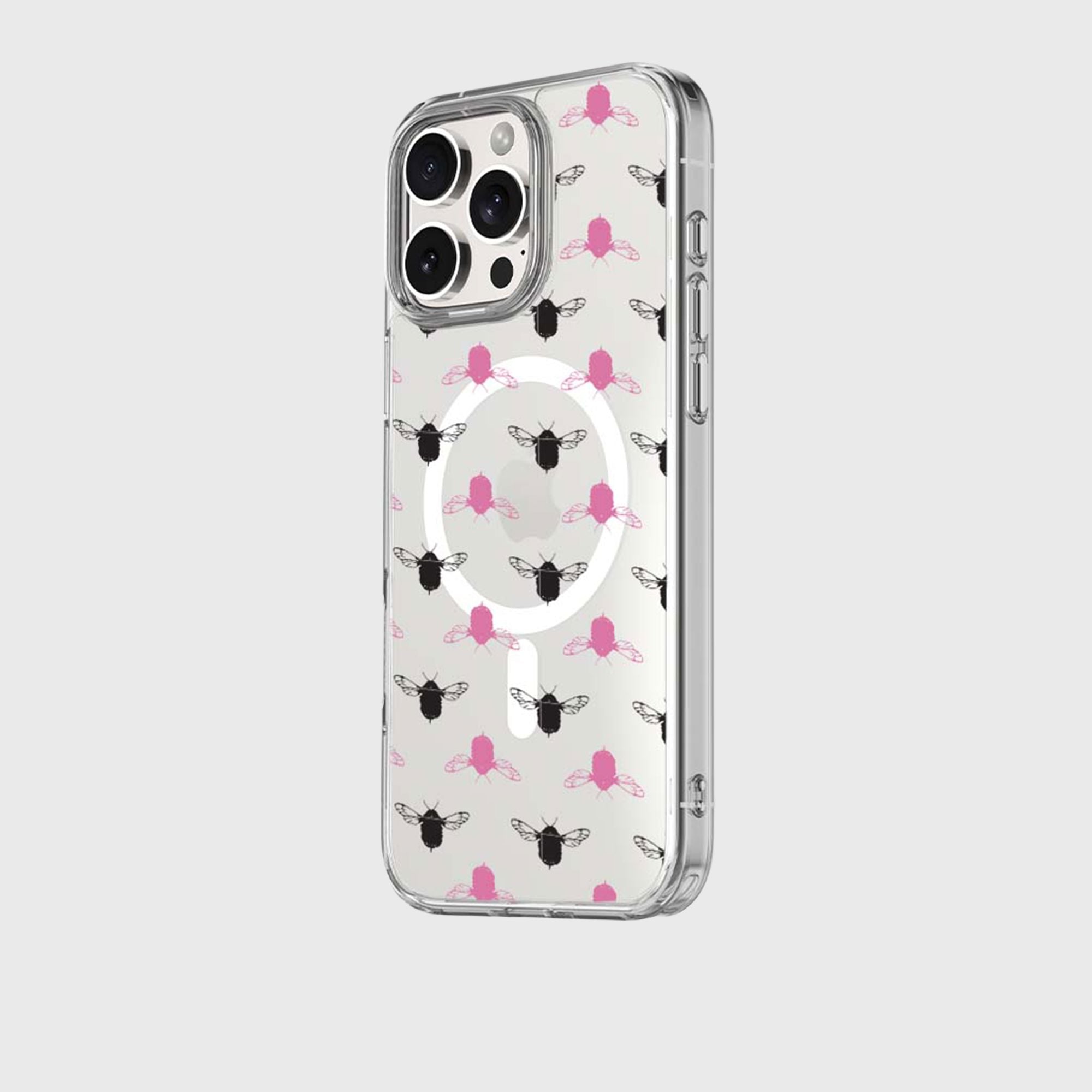 iPhone 15 Pro Max Clear Case - Black and Pink Bumble Design