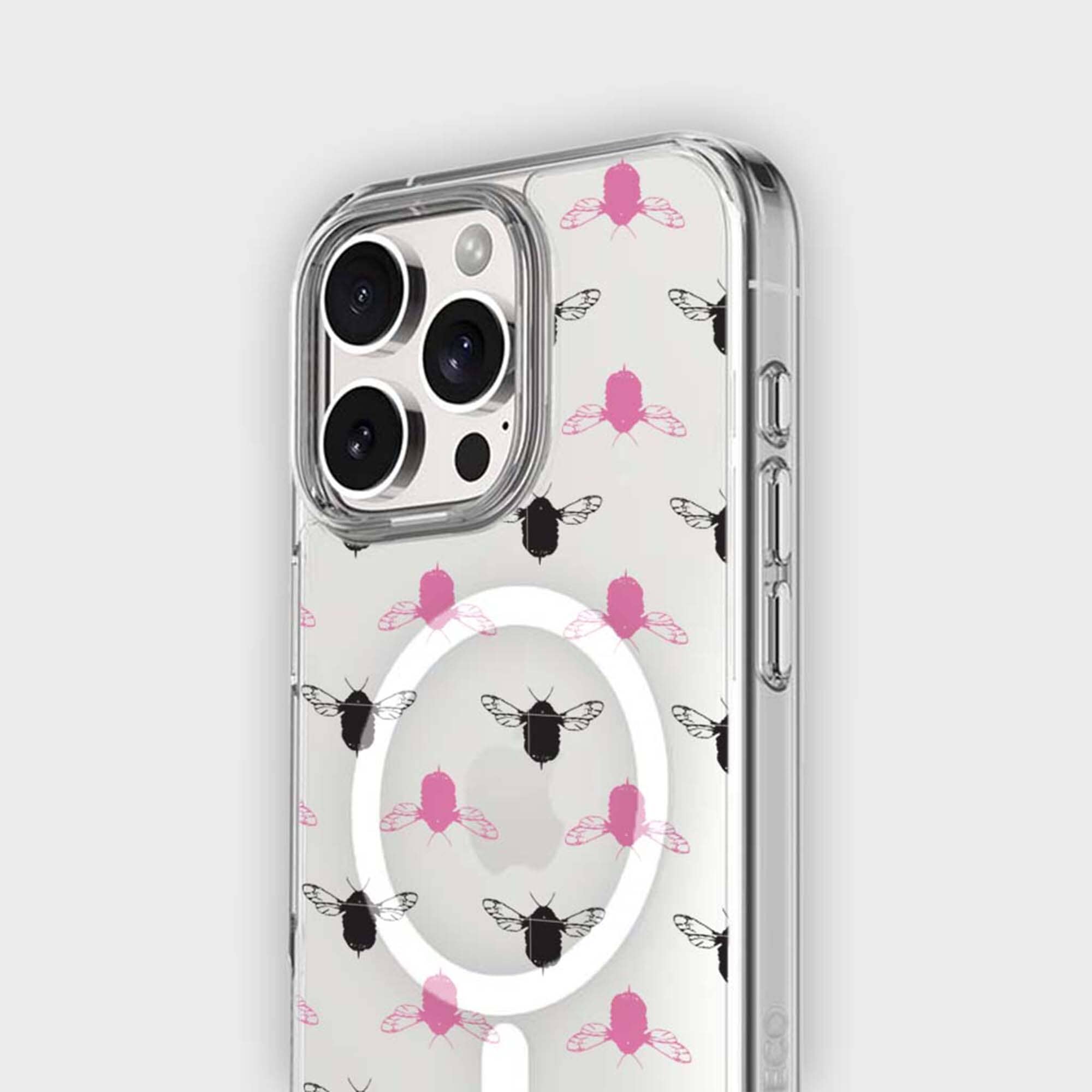 iPhone 15 Pro Max Clear Case - Black and Pink Bumble Design