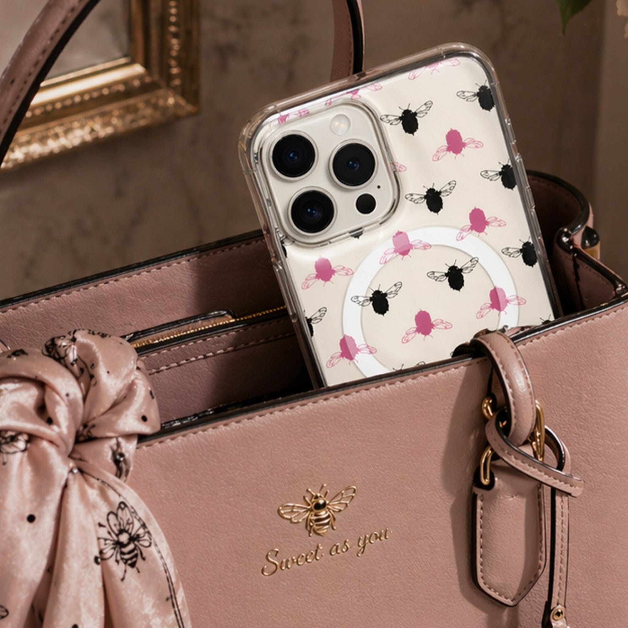 iPhone 15 Pro Max Clear Case - Black and Pink Bumble Design