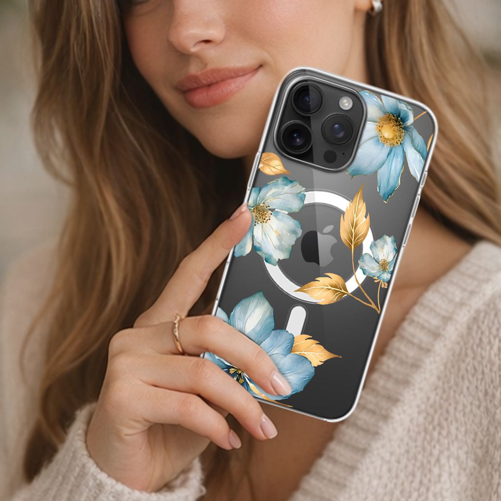 MagSafe iPhone 16 Pro Max Blue Wildflower Clear Case