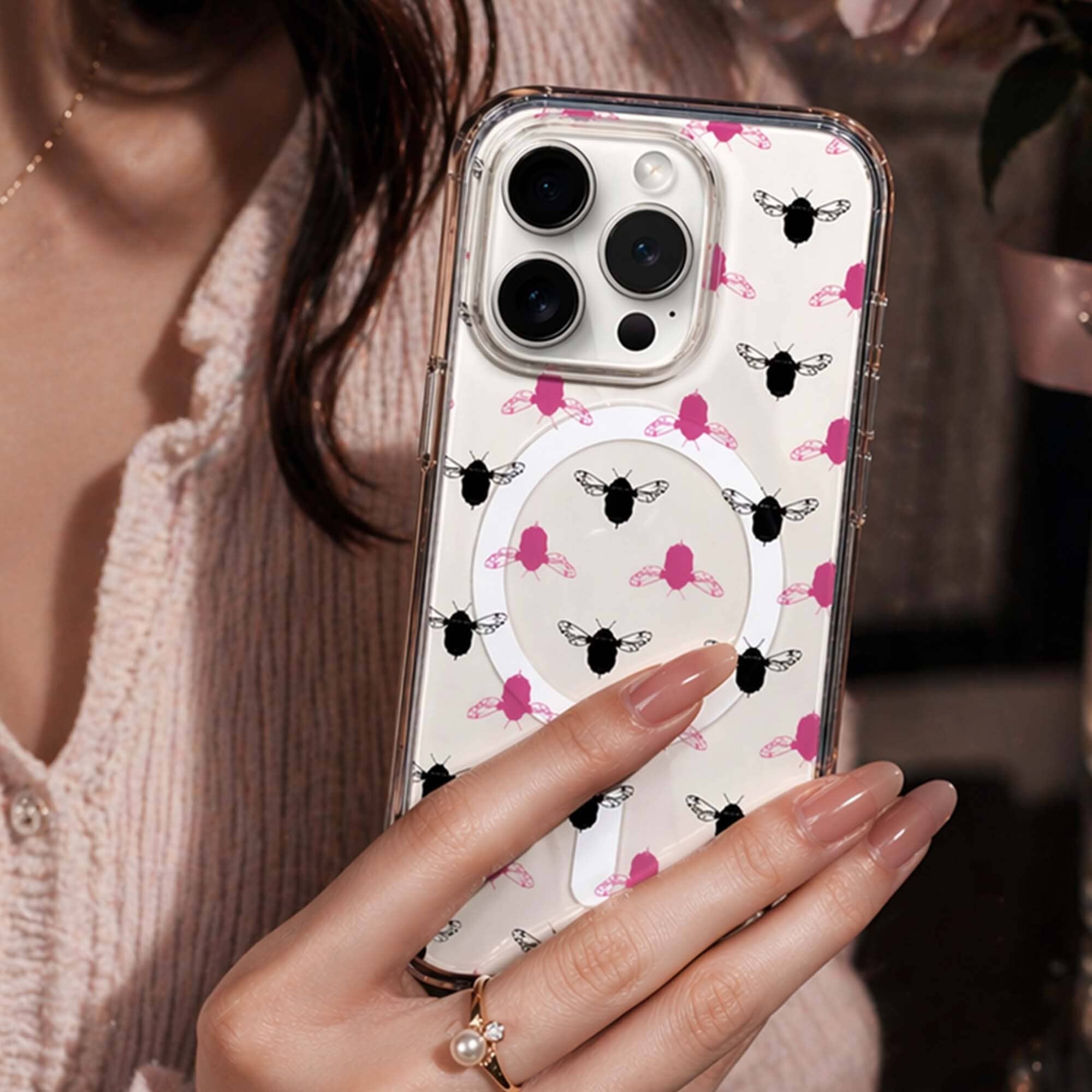 iPhone 15 Pro Max Clear Case - Black and Pink Bumble Design