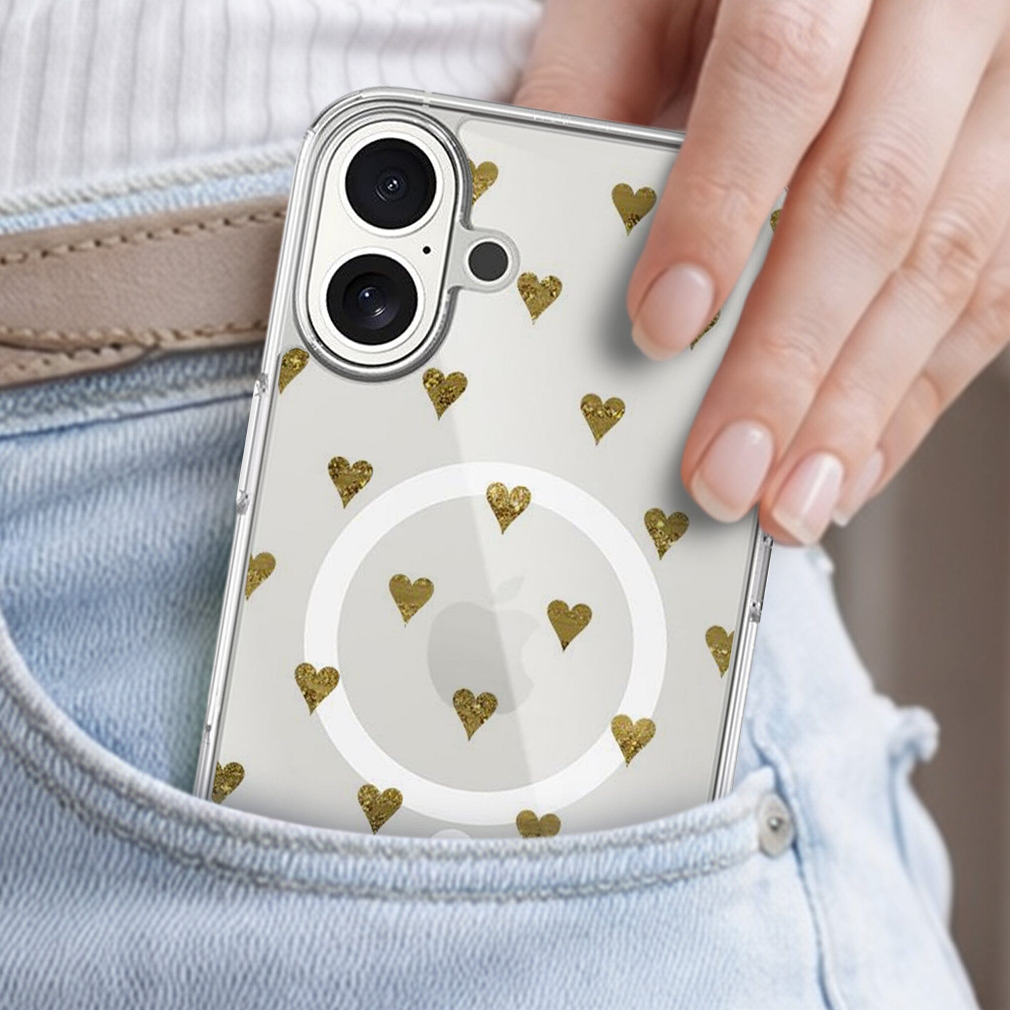 MagSafe iPhone 17 Gold Hearts Clear Case