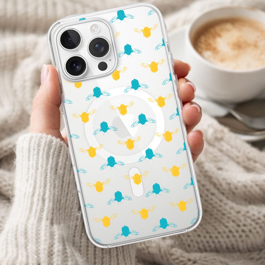 iPhone 16 Pro Max Clear Case - Blue and Yellow Bumble Design