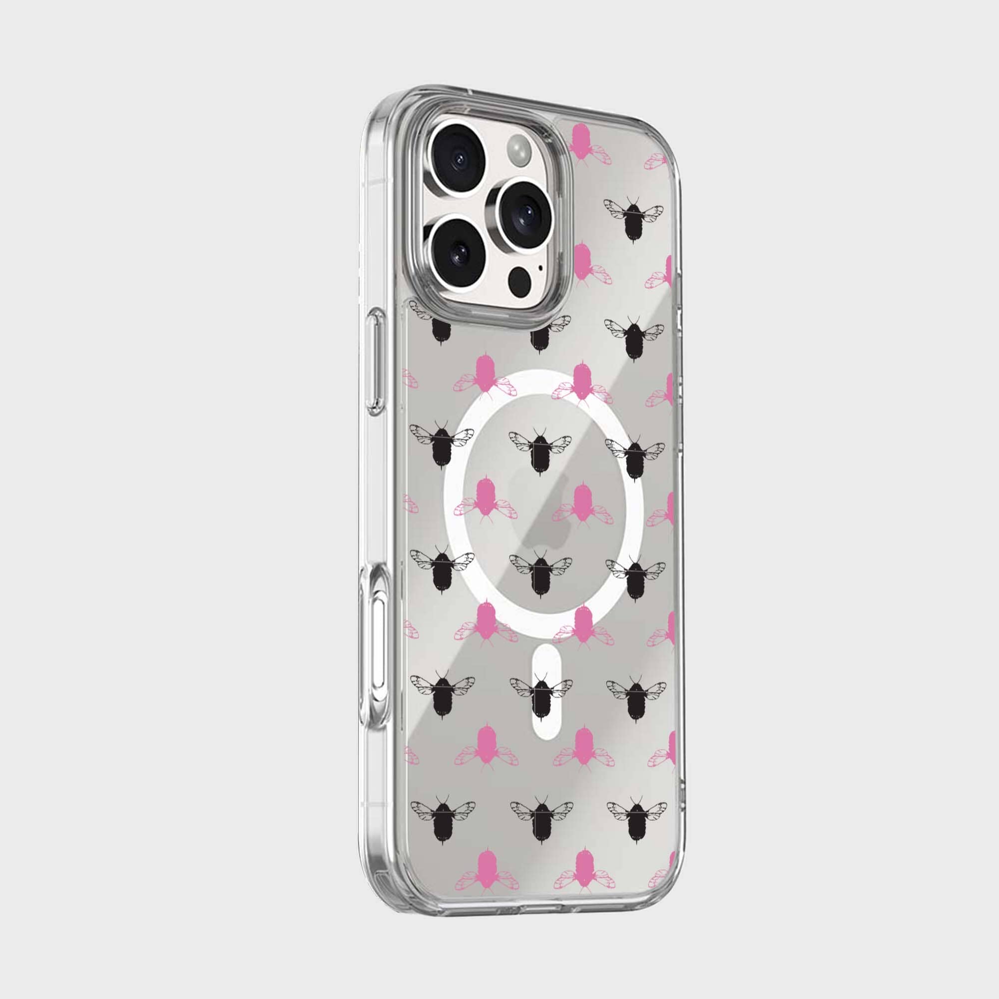 iPhone 16 Pro Max Clear Case - Black and Pink Bumble Design
