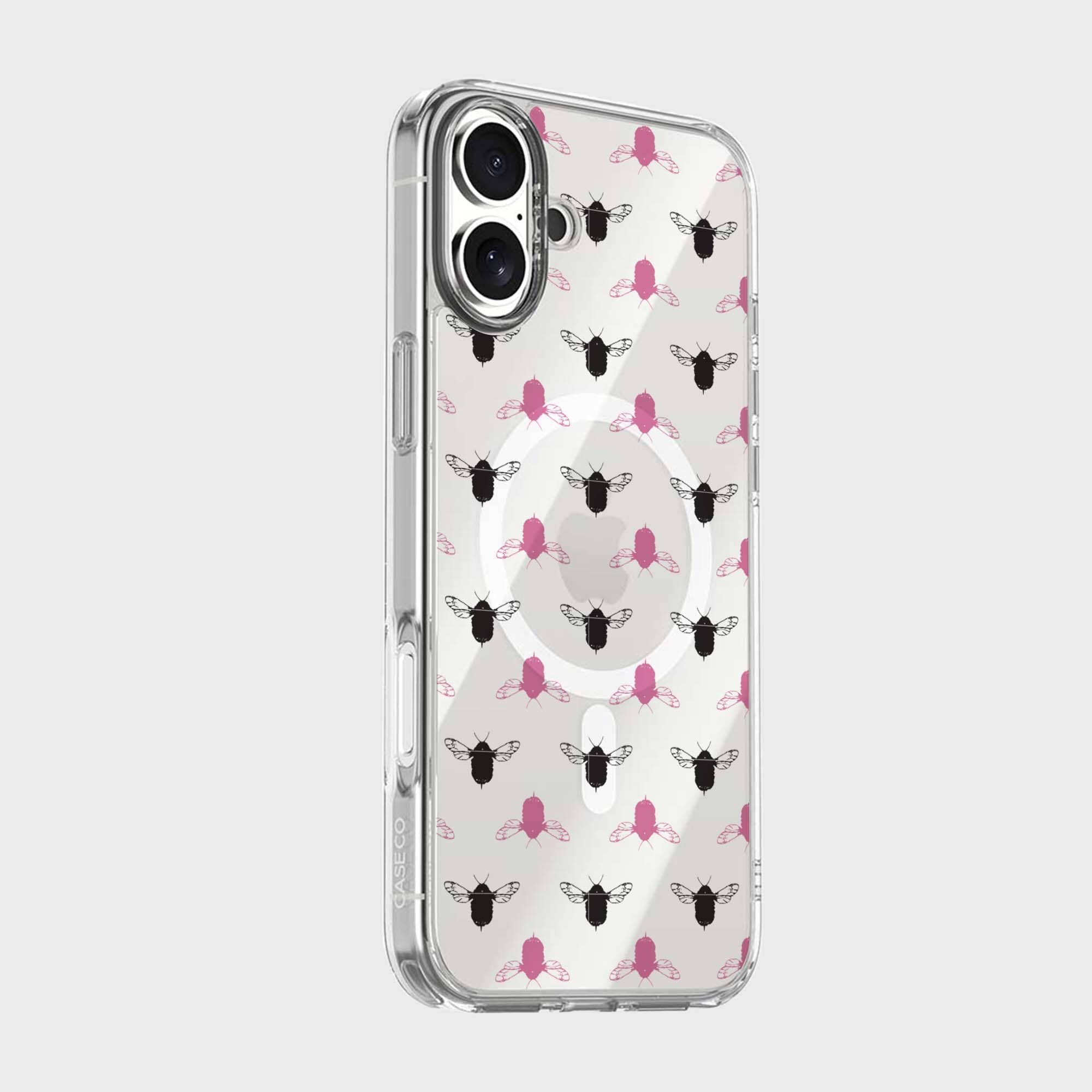 iPhone 16 Clear Case - Black and Pink Bumble Design