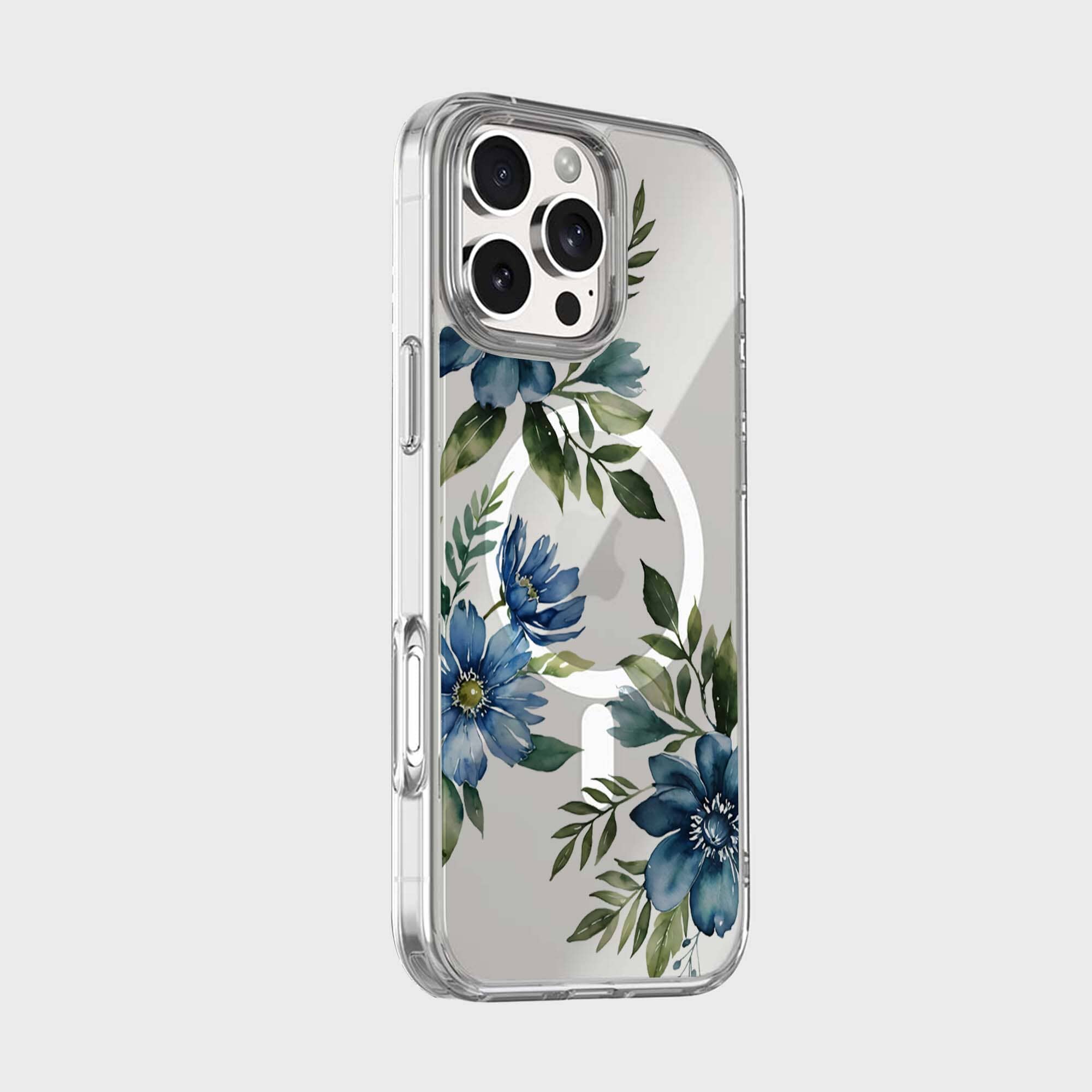 MagSafe iPhone 16 Pro Max Blue Floral Clear Case