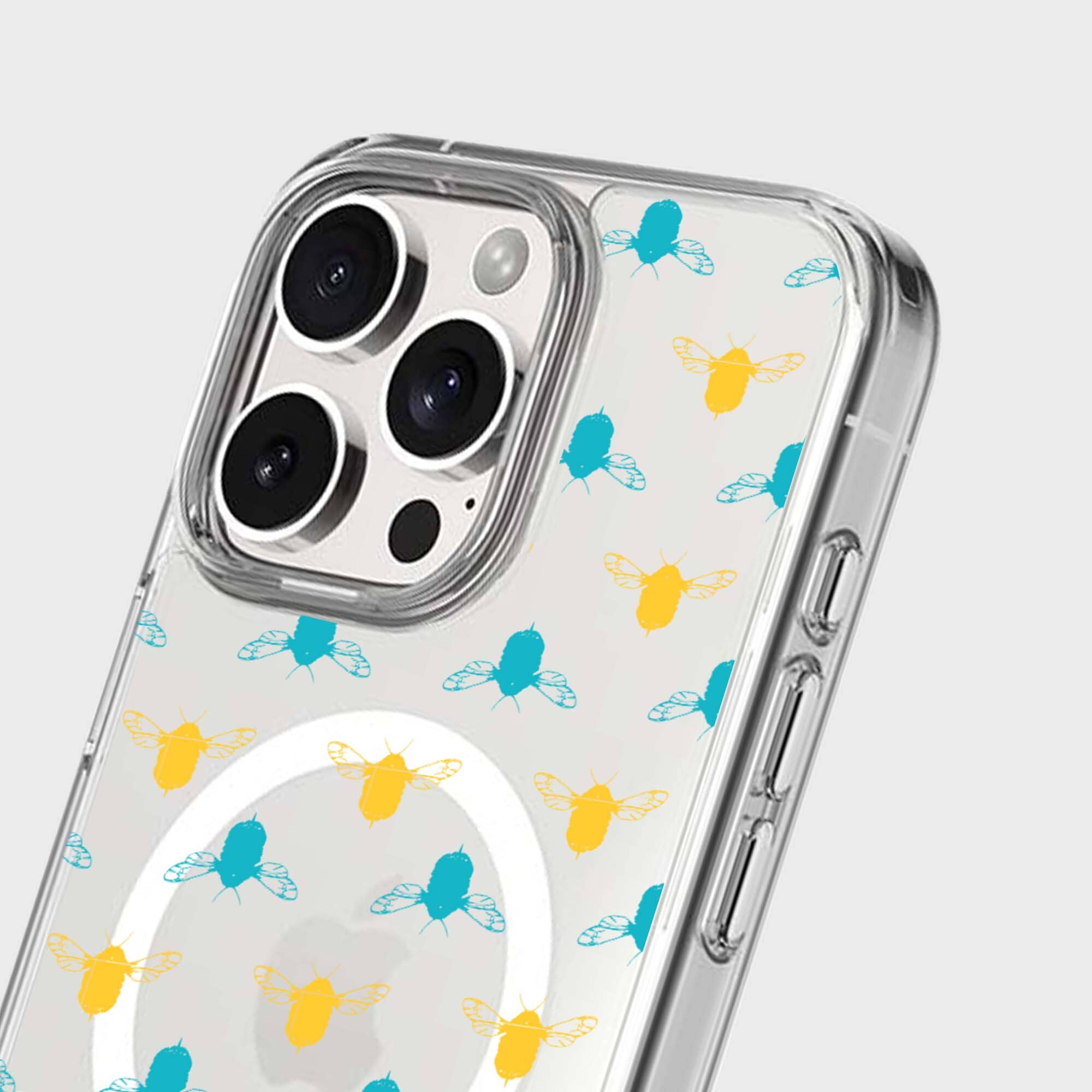 iPhone 16 Pro Max Clear Case - Blue and Yellow Bumble Design