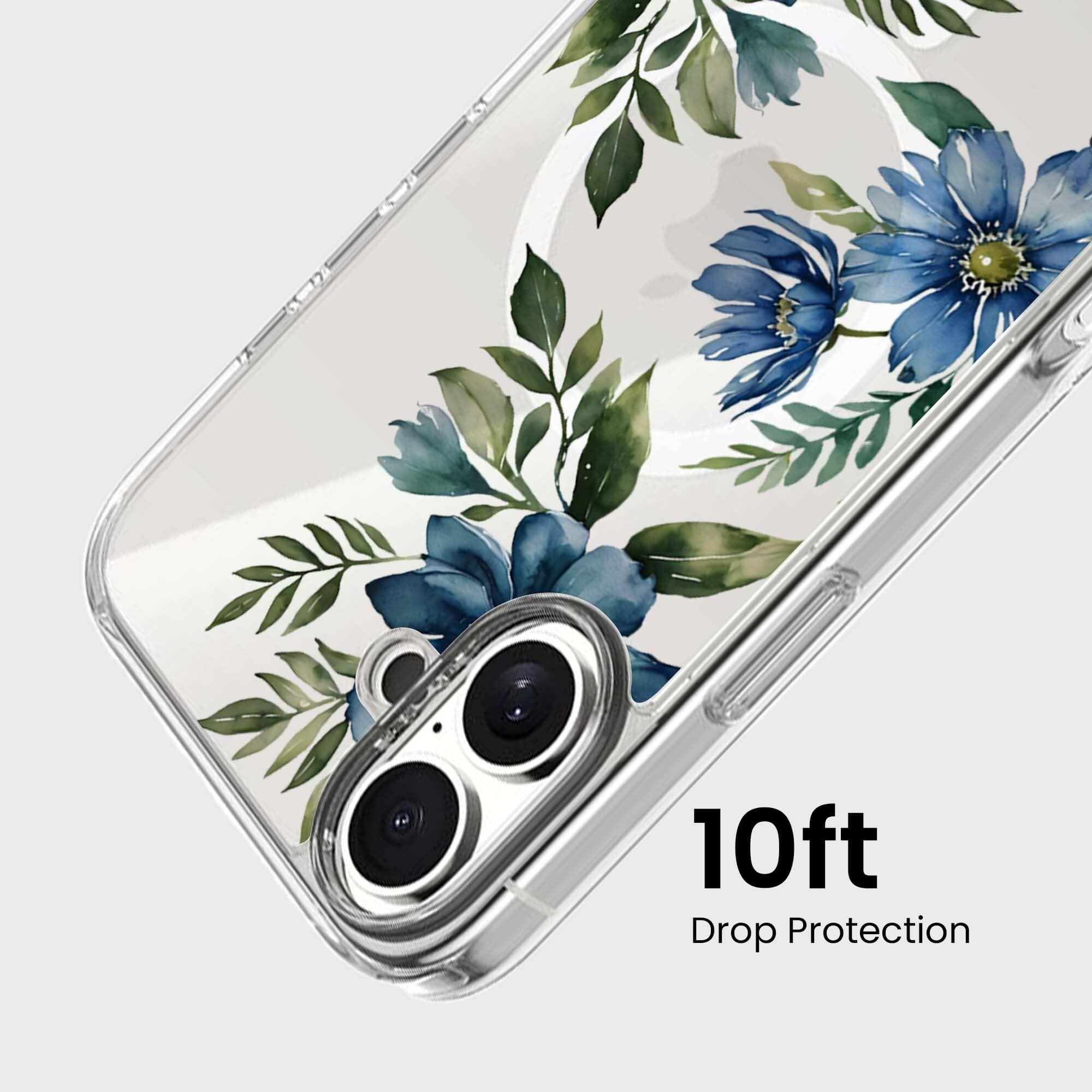MagSafe iPhone 16 Blue Floral Clear Case