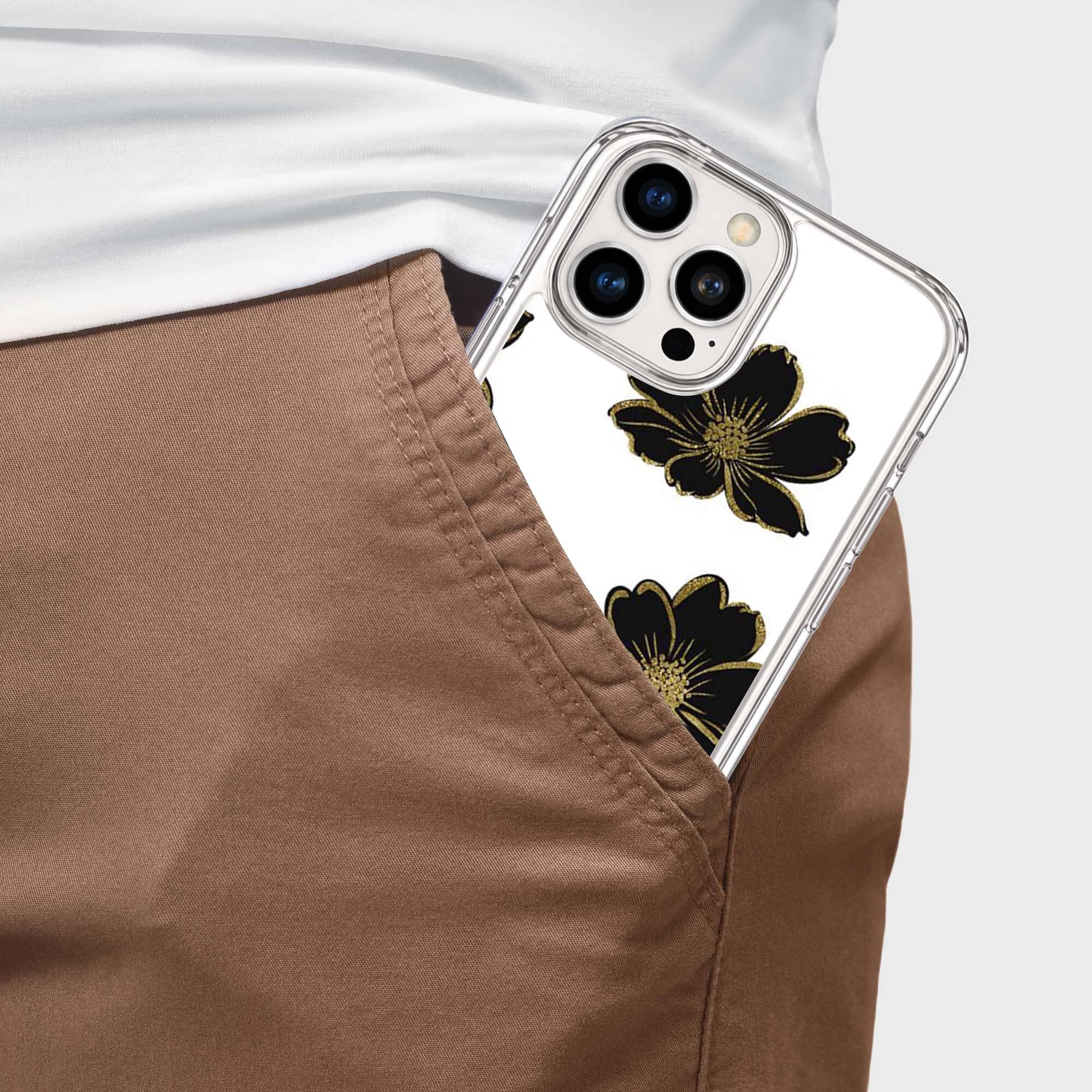 MagSafe iPhone 16 Pro Black Flower Clear Case