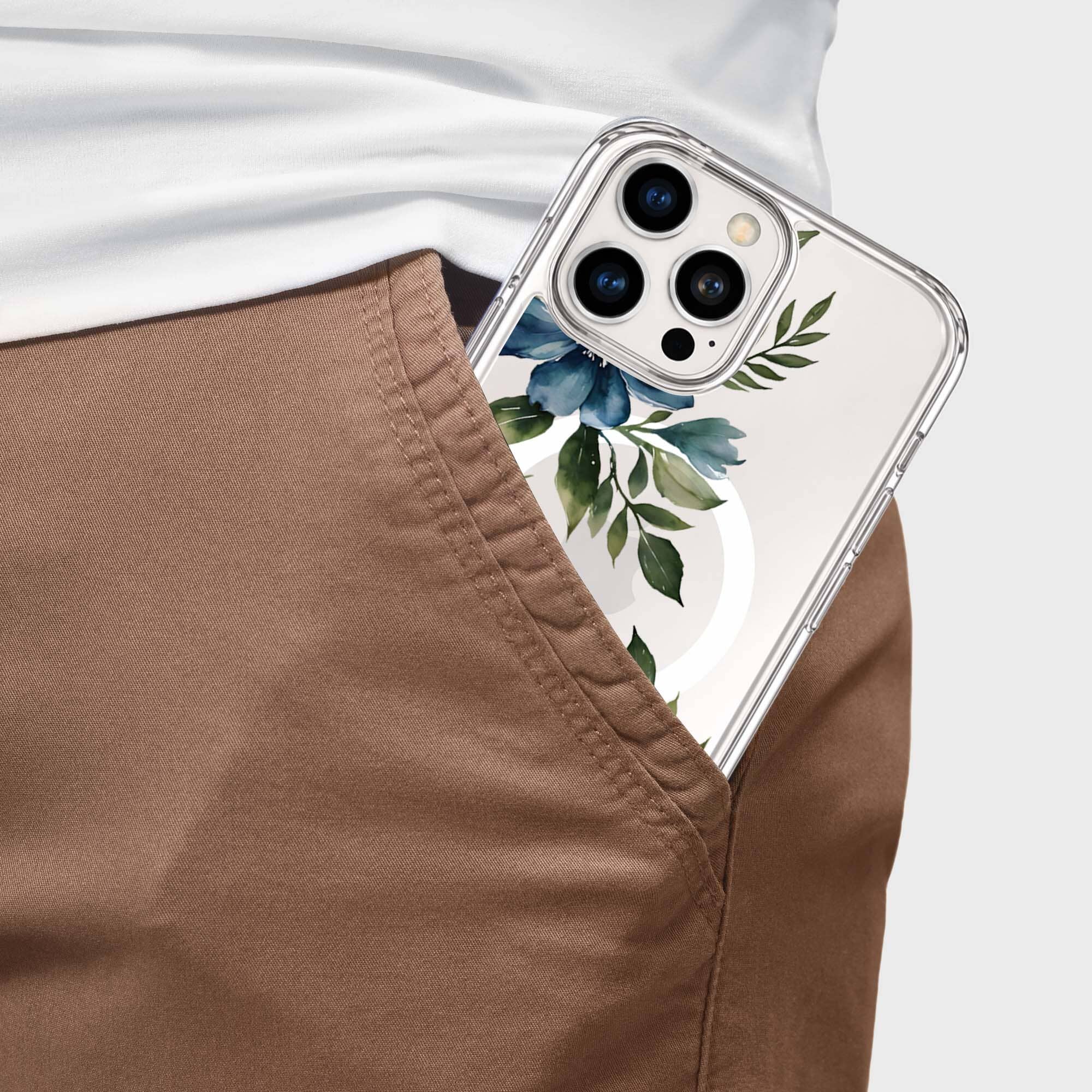 MagSafe iPhone 16 Pro Blue Floral Clear Case