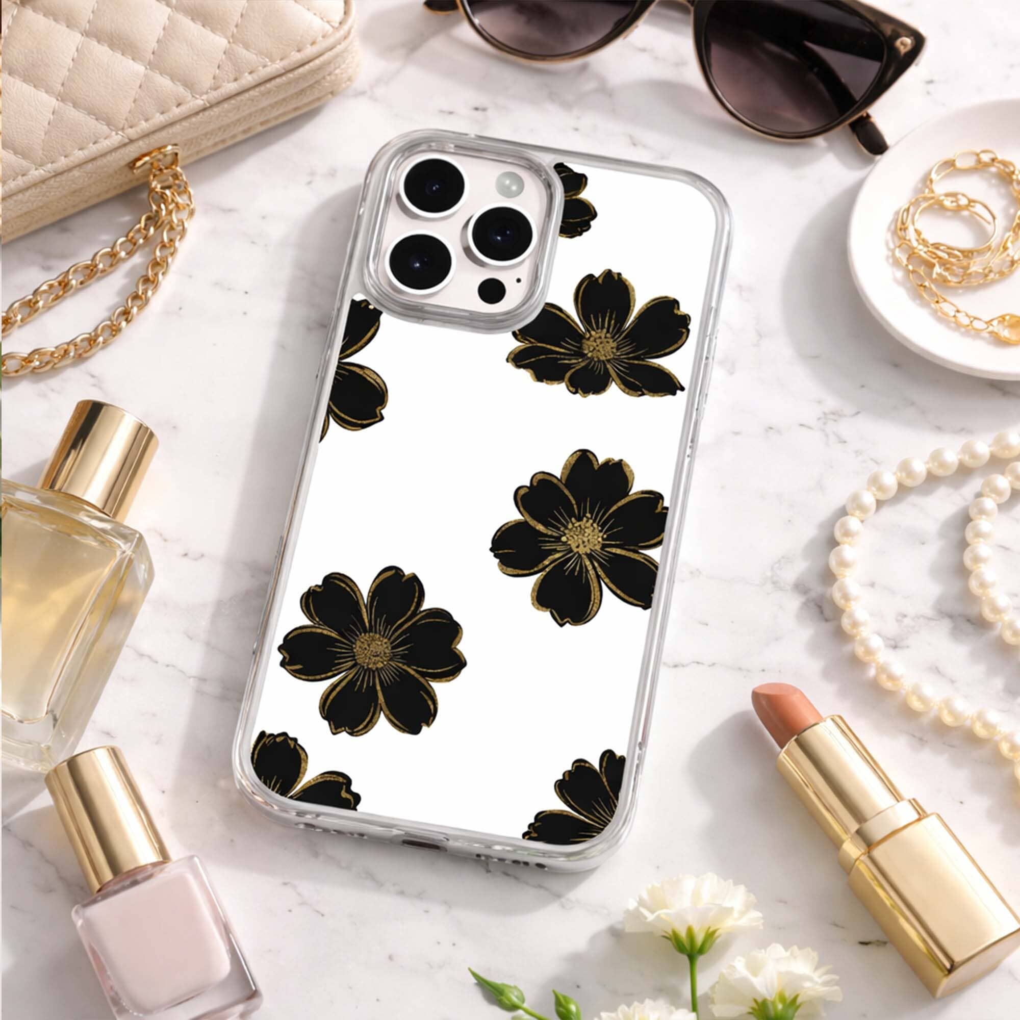 MagSafe iPhone 16 Pro Black Flower Clear Case