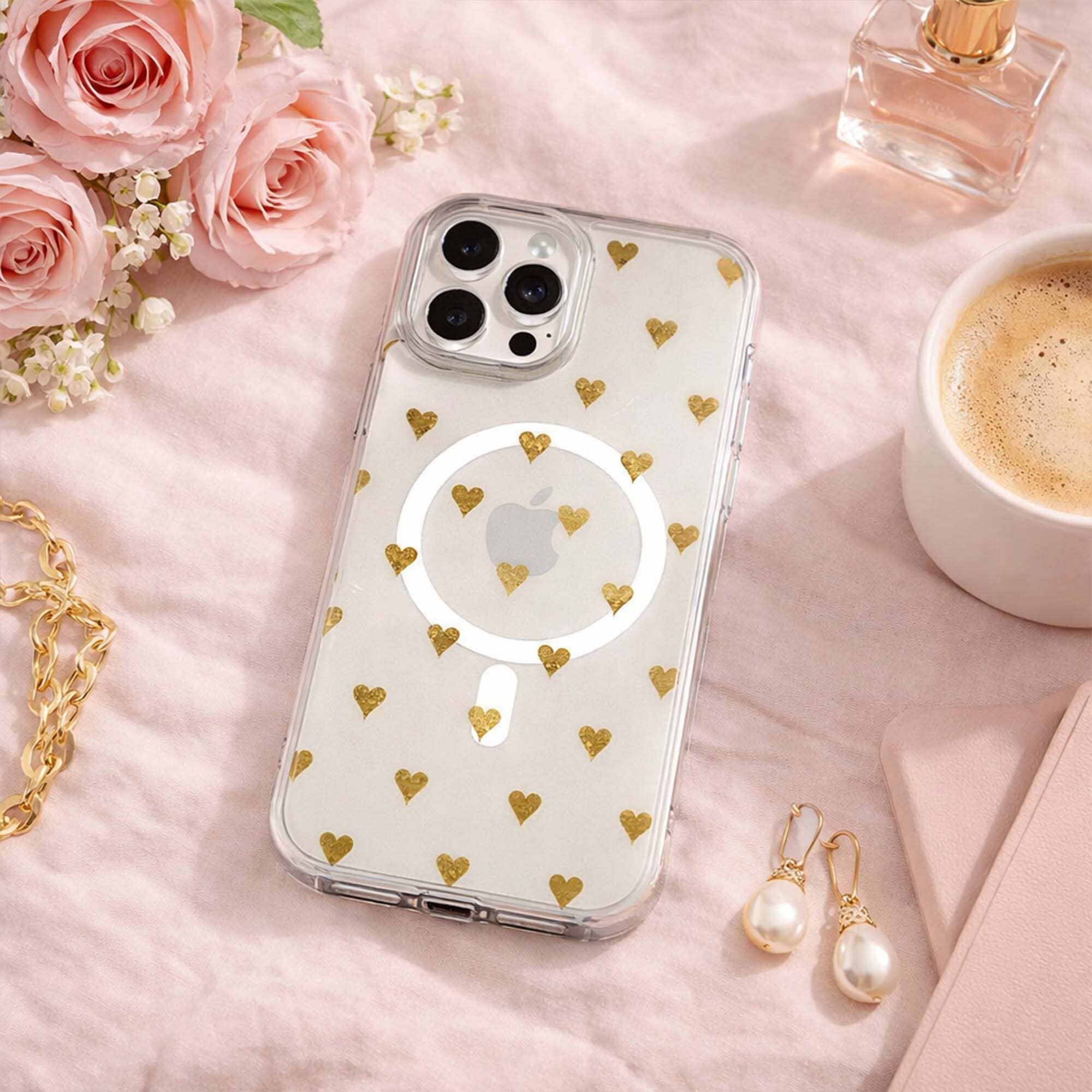 MagSafe iPhone 16 Pro Gold Hearts Clear Case