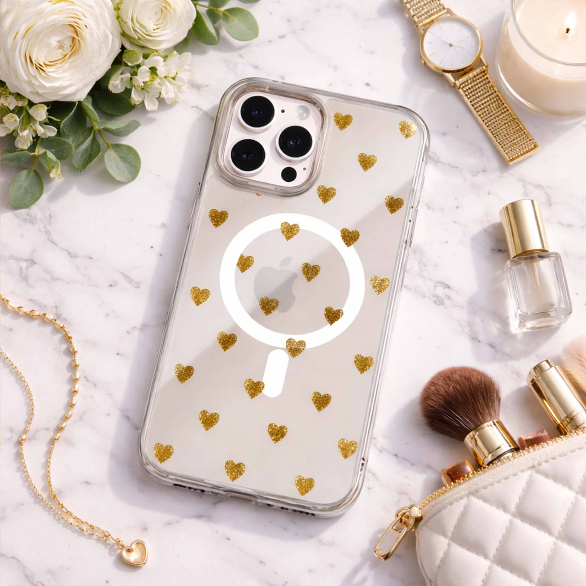 MagSafe iPhone 16 Pro Max Gold Plum Heart Clear Case