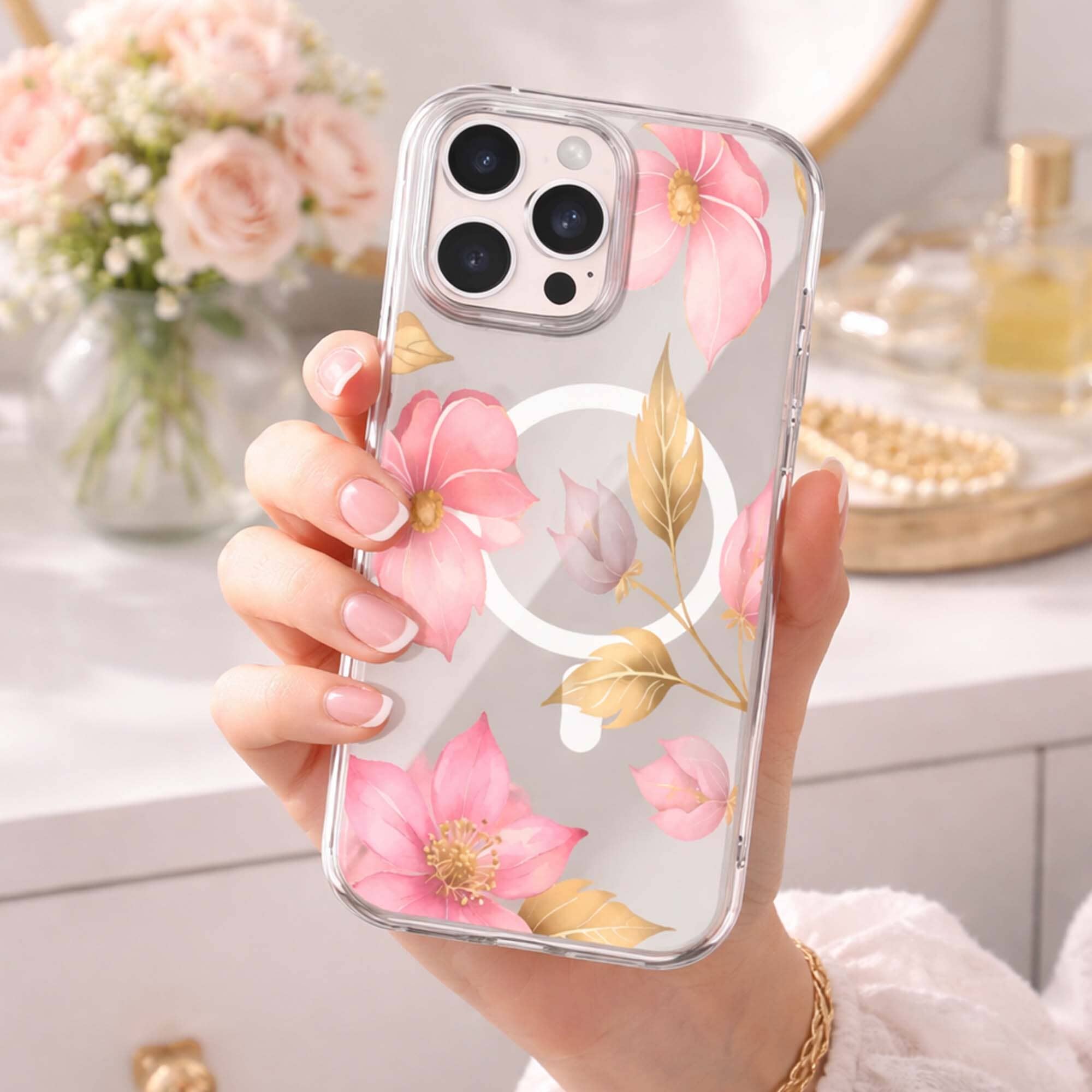 MagSafe iPhone 16 Pro Max Pink Wildflower Clear Case