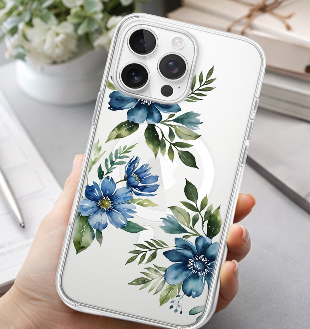 MagSafe iPhone 16 Pro Max Blue Floral Clear Case