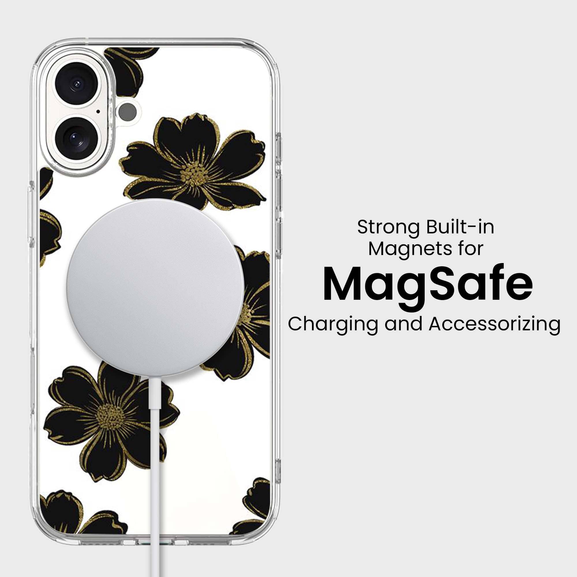 MagSafe iPhone 16 Black Flower Clear Case