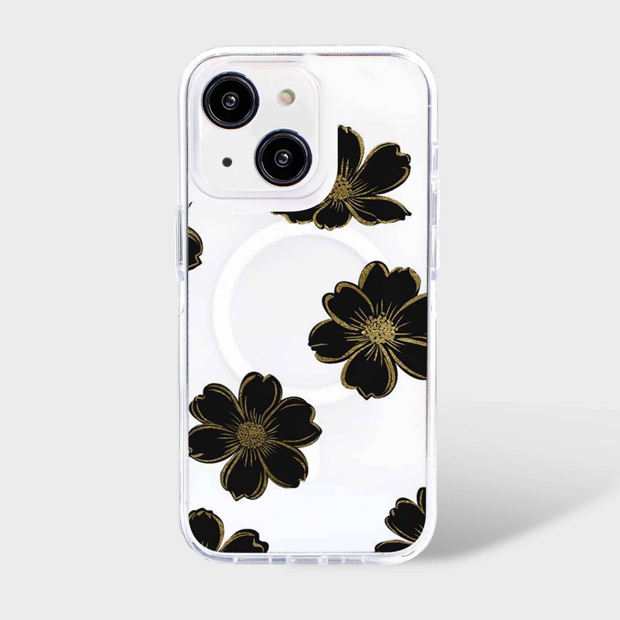 MagSafe iPhone 15 Black Flower Clear Case