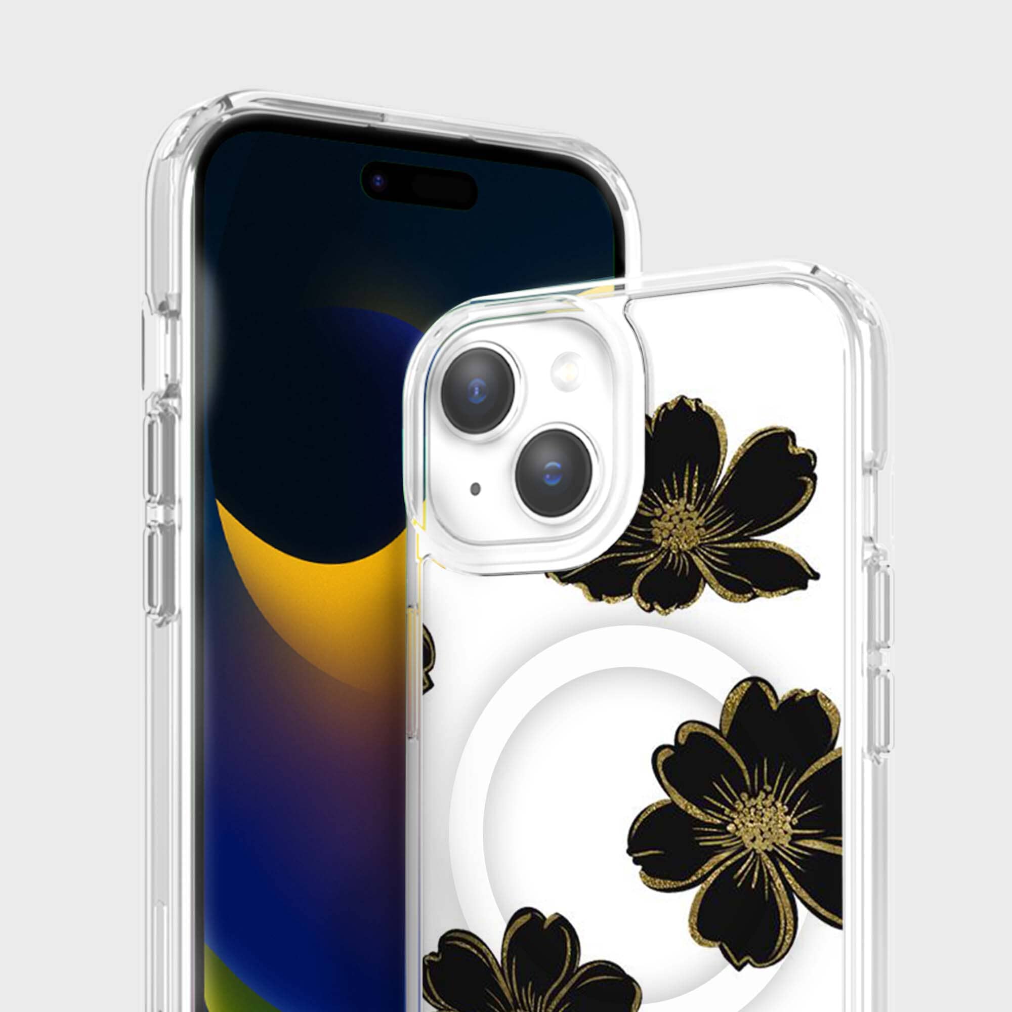 MagSafe iPhone 15 Black Flower Clear Case