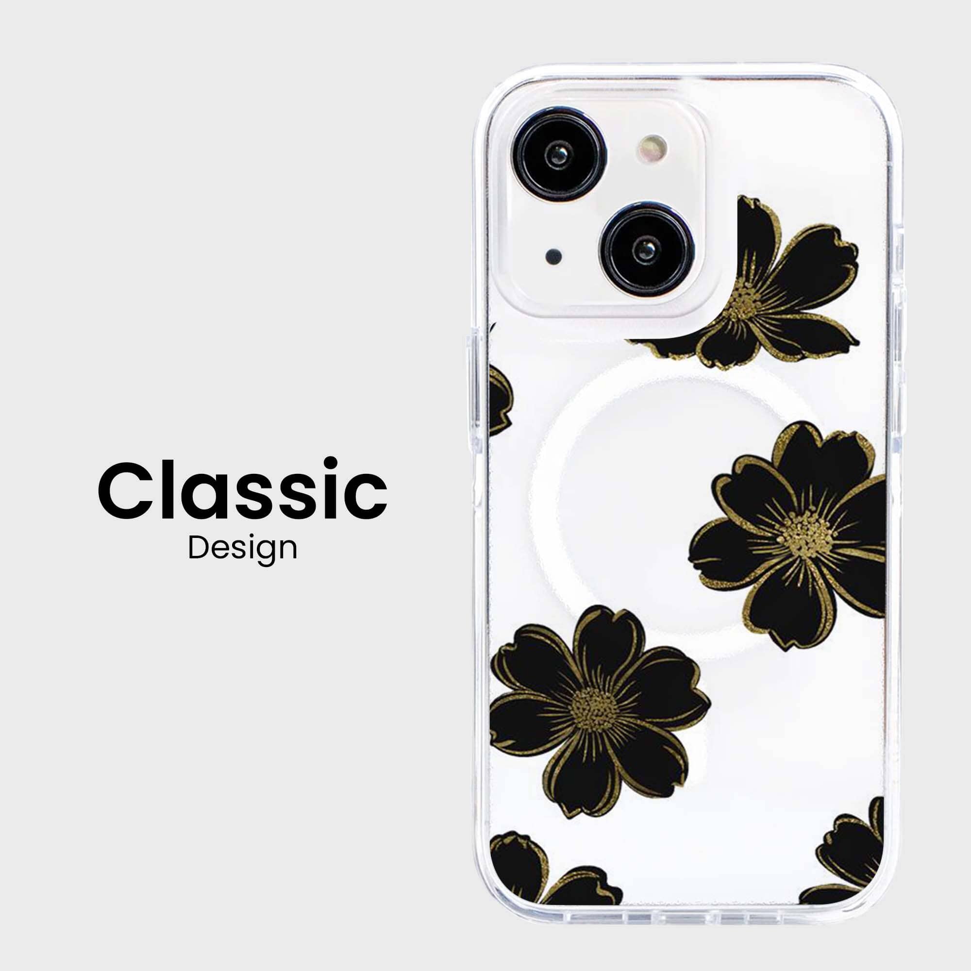 MagSafe iPhone 15 Black Flower Clear Case
