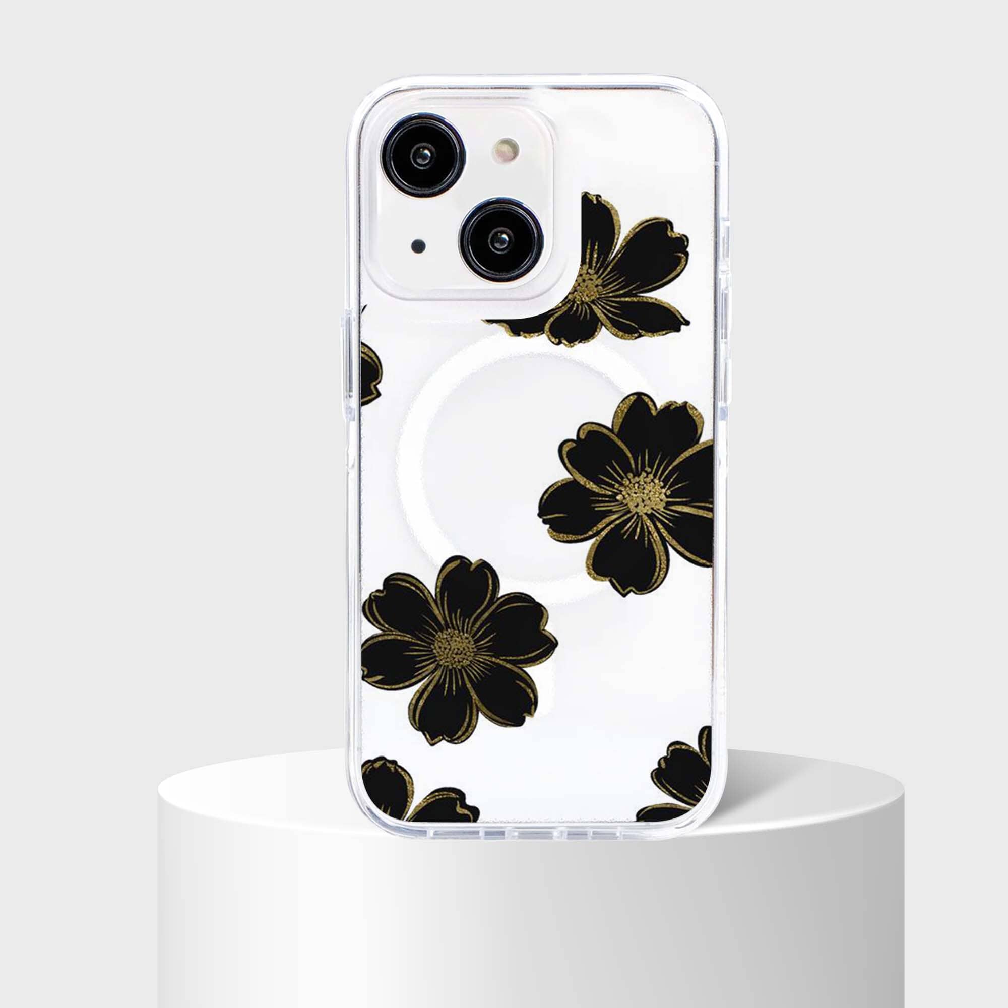 MagSafe iPhone 15 Black Flower Clear Case