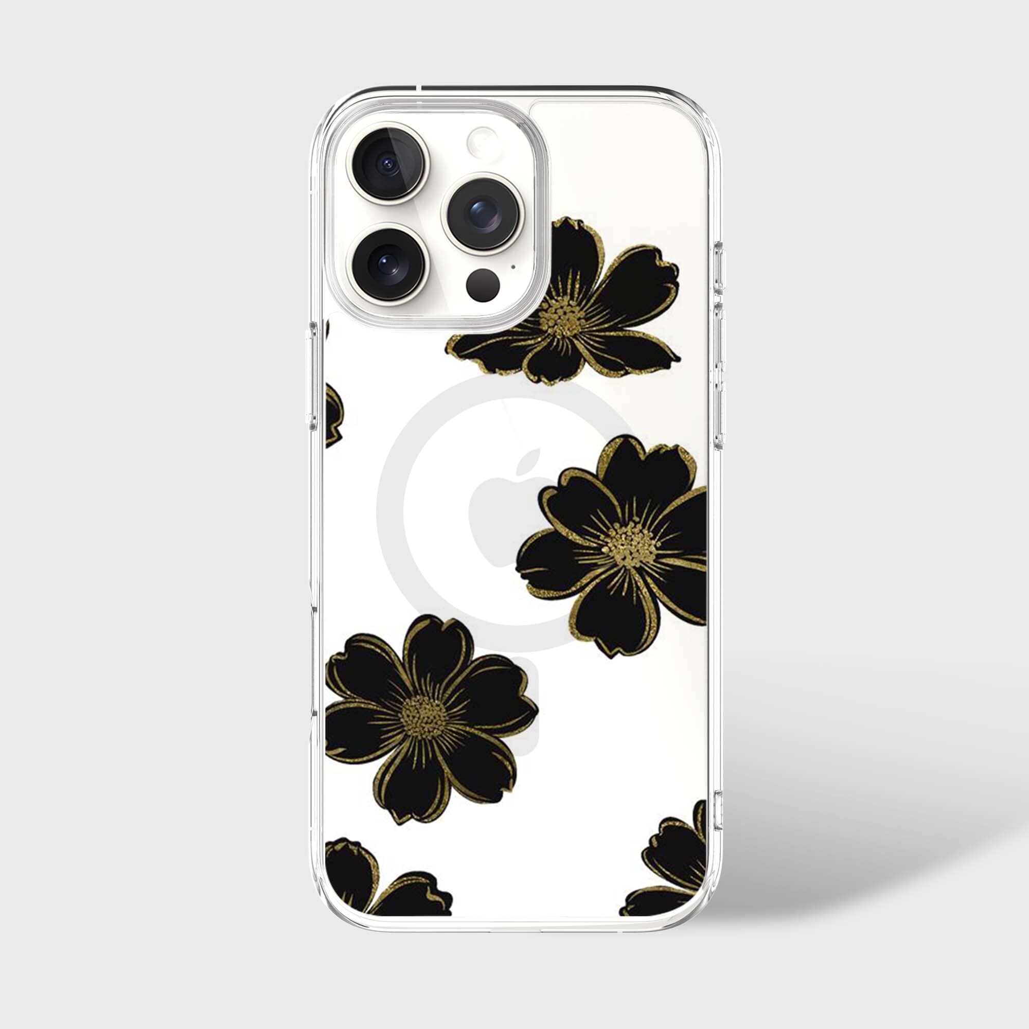 MagSafe iPhone 16 Pro Black Flower Clear Case