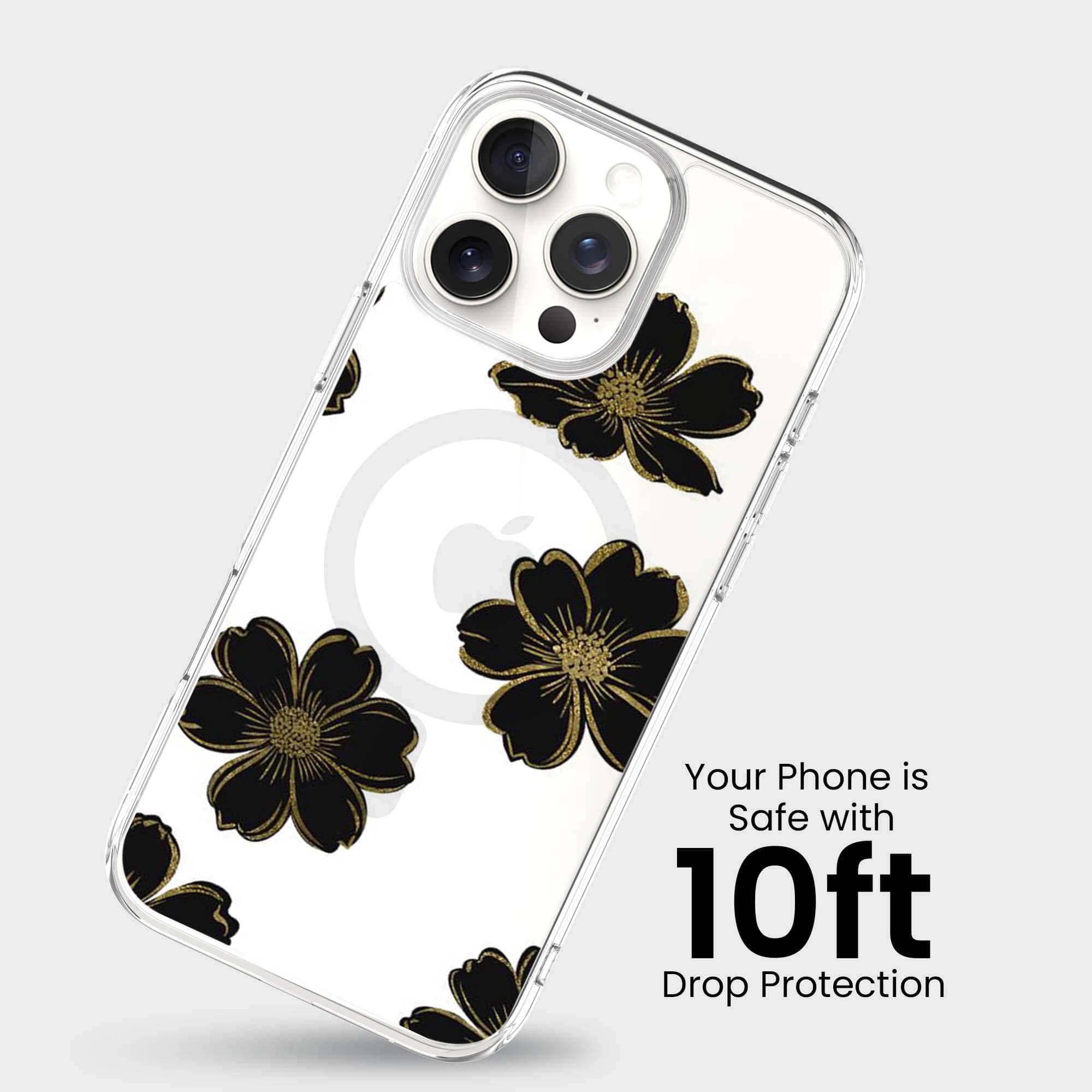 MagSafe iPhone 16 Pro Black Flower Clear Case