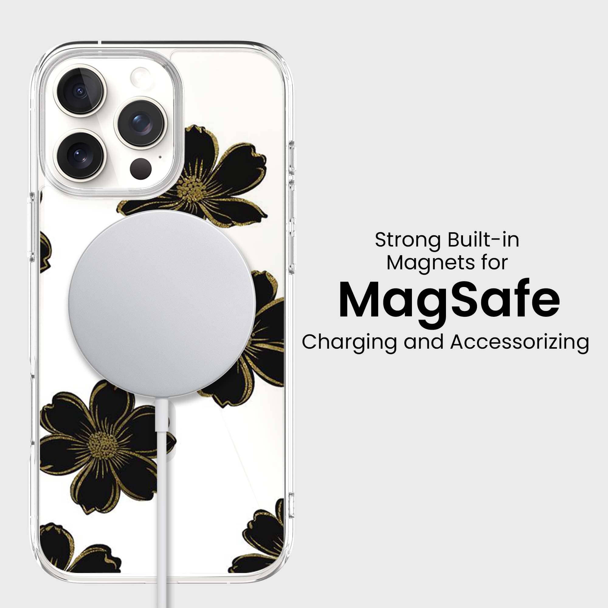 MagSafe iPhone 16 Pro Black Flower Clear Case