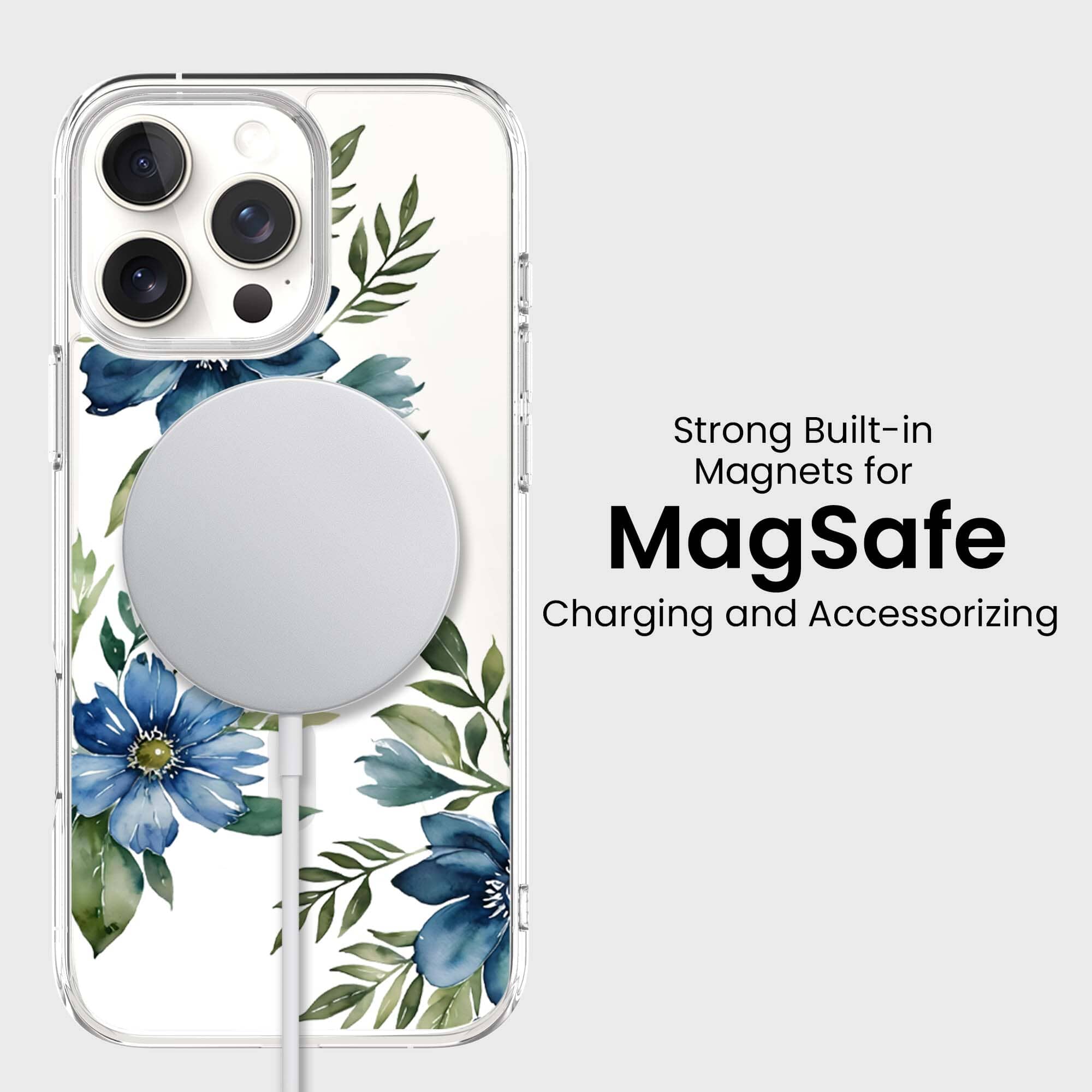 MagSafe iPhone 16 Pro Blue Floral Clear Case