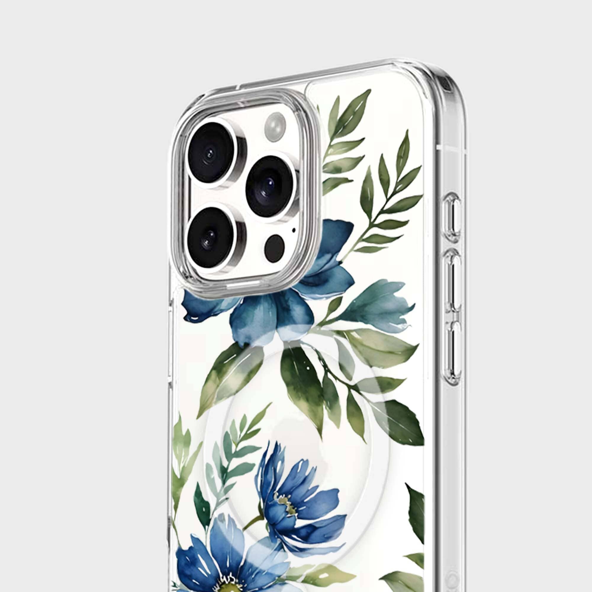 MagSafe iPhone 16 Pro Max Blue Floral Clear Case
