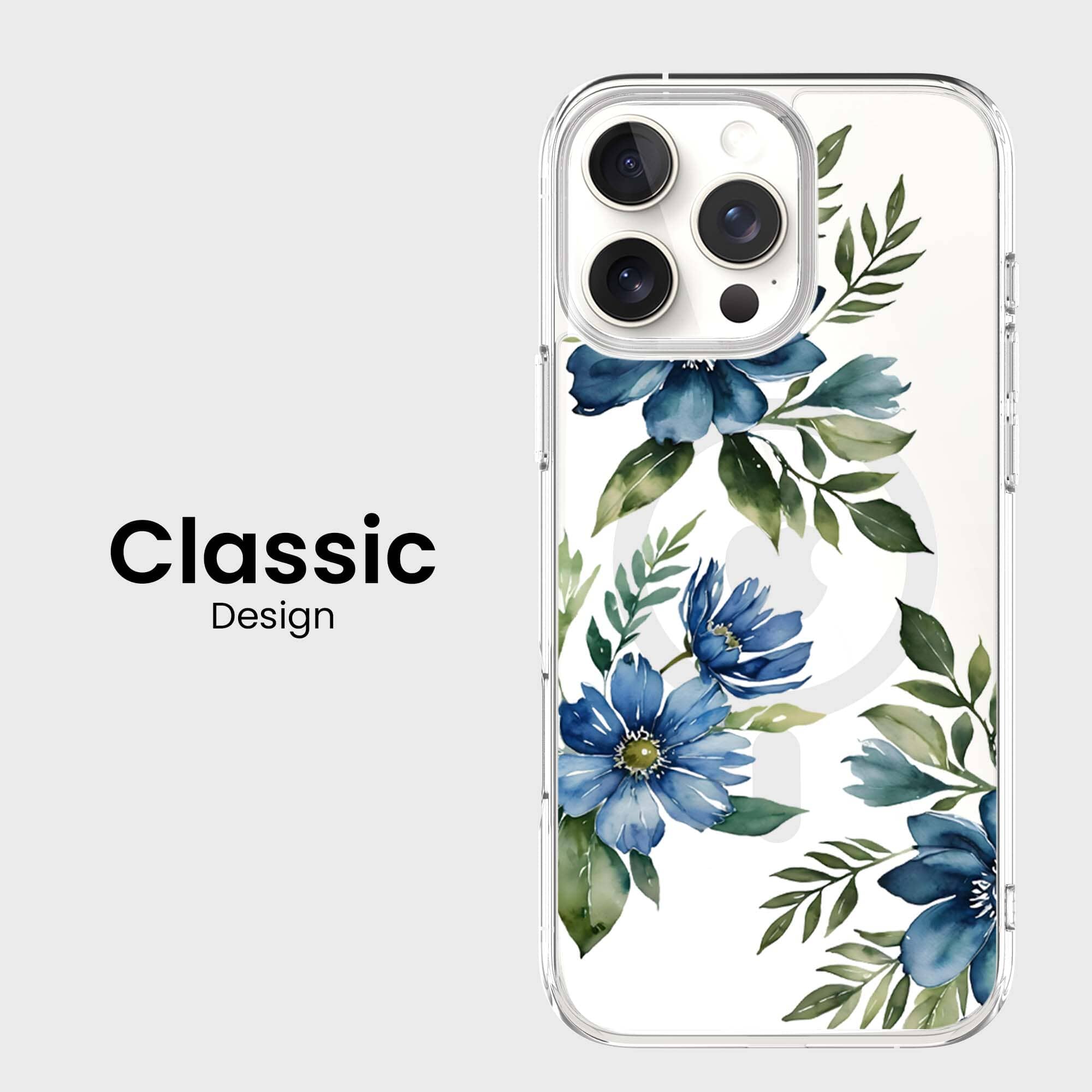 MagSafe iPhone 16 Pro Max Blue Floral Clear Case