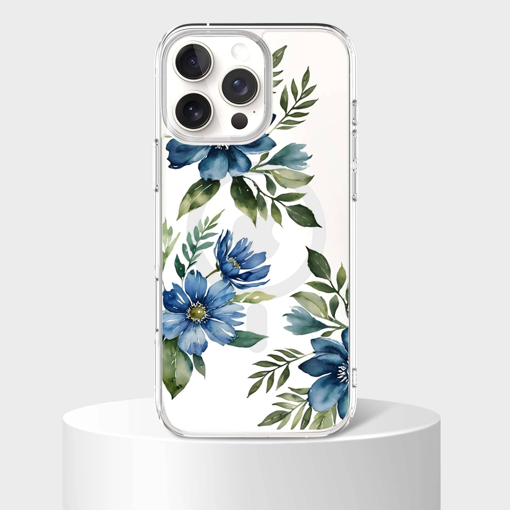 MagSafe iPhone 16 Pro Max Blue Floral Clear Case