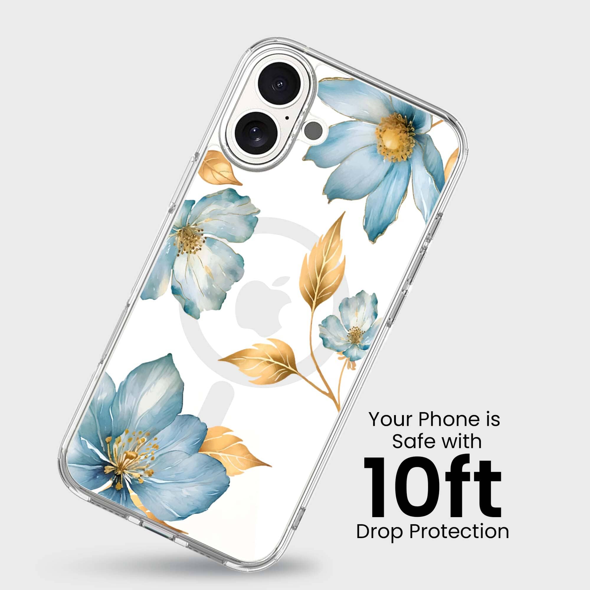 MagSafe iPhone 16 Blue Wildflower Clear Case