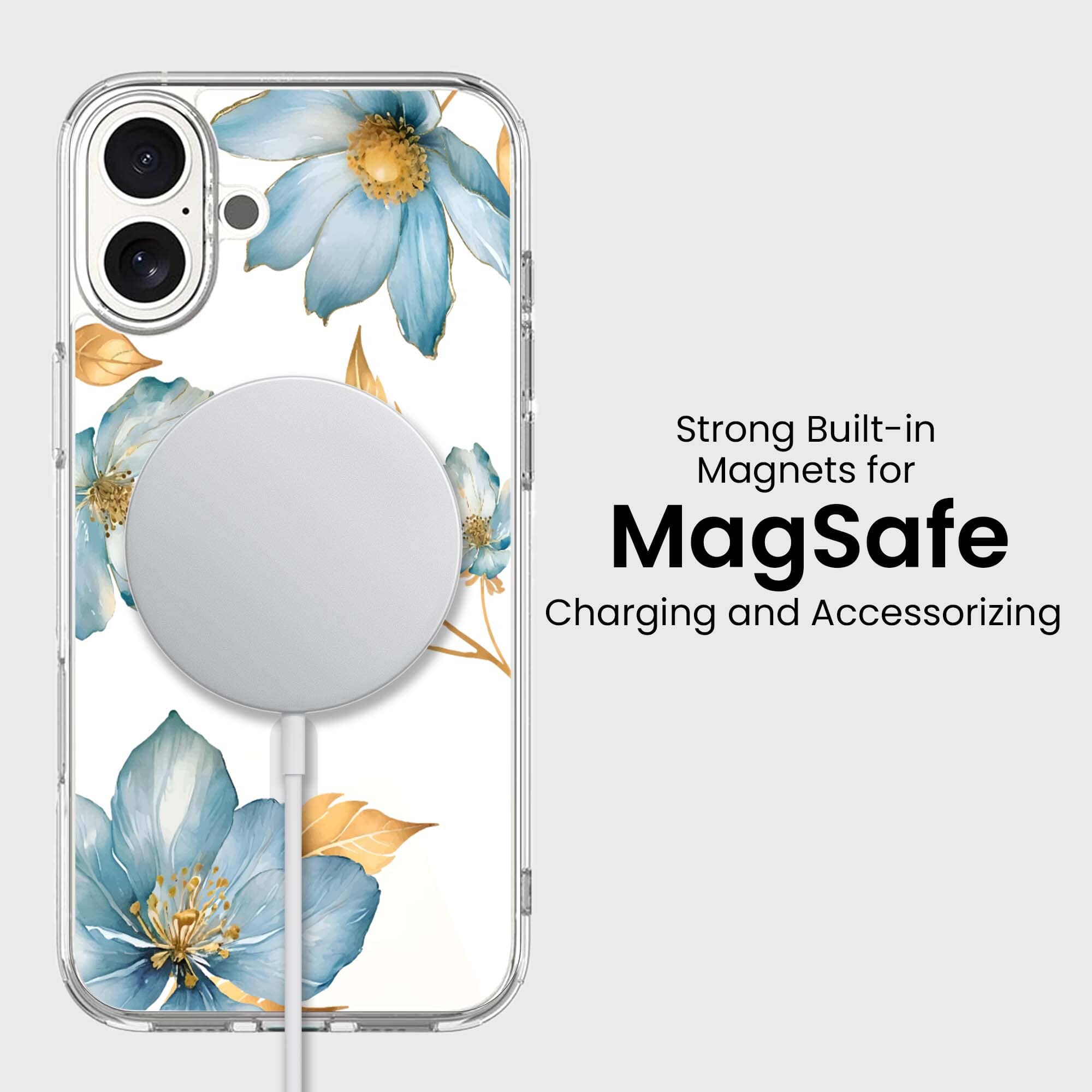 MagSafe iPhone 16 Blue Wildflower Clear Case