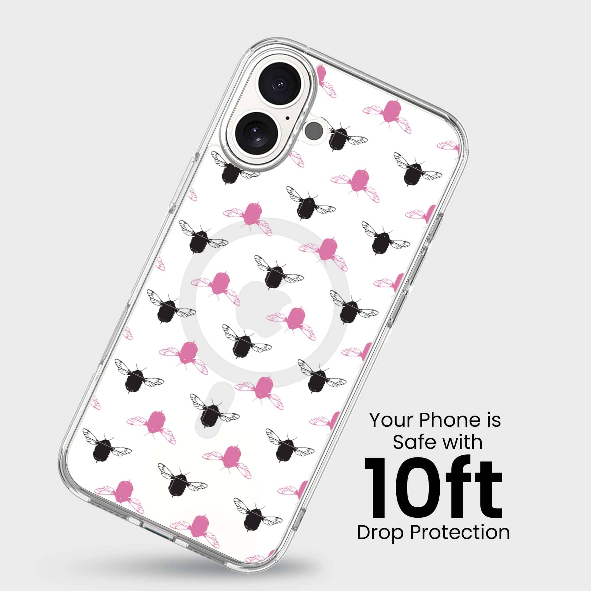iPhone 16 Clear Case - Black and Pink Bumble Design