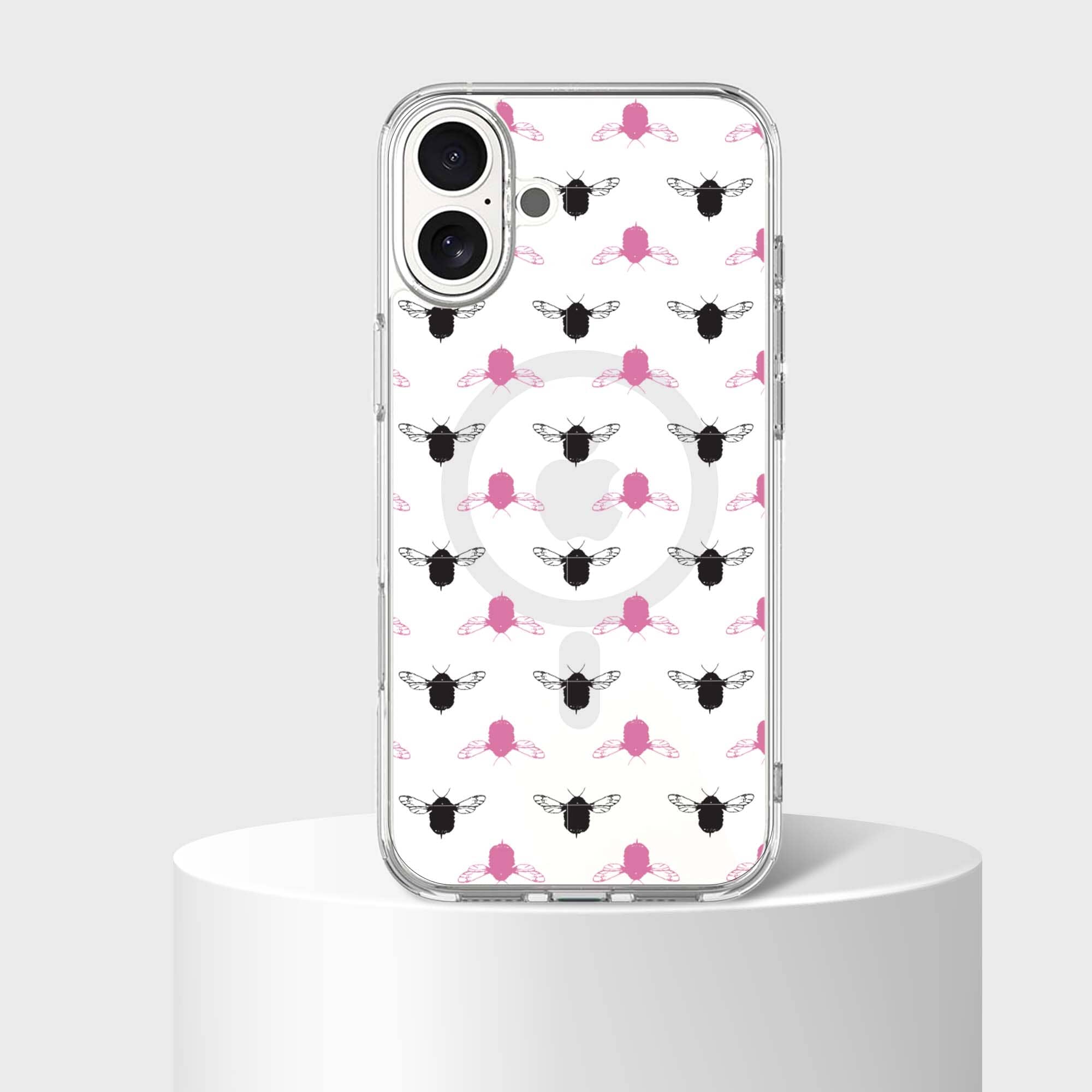 iPhone 16 Clear Case - Black and Pink Bumble Design