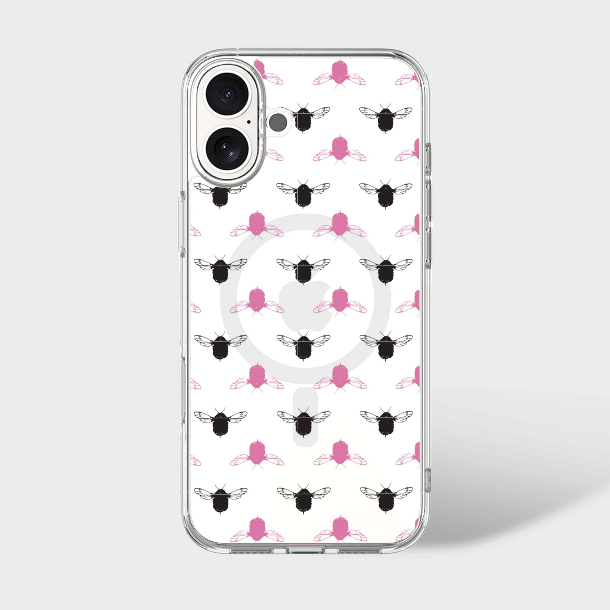 iPhone 16 Clear Case - Black and Pink Bumble Design