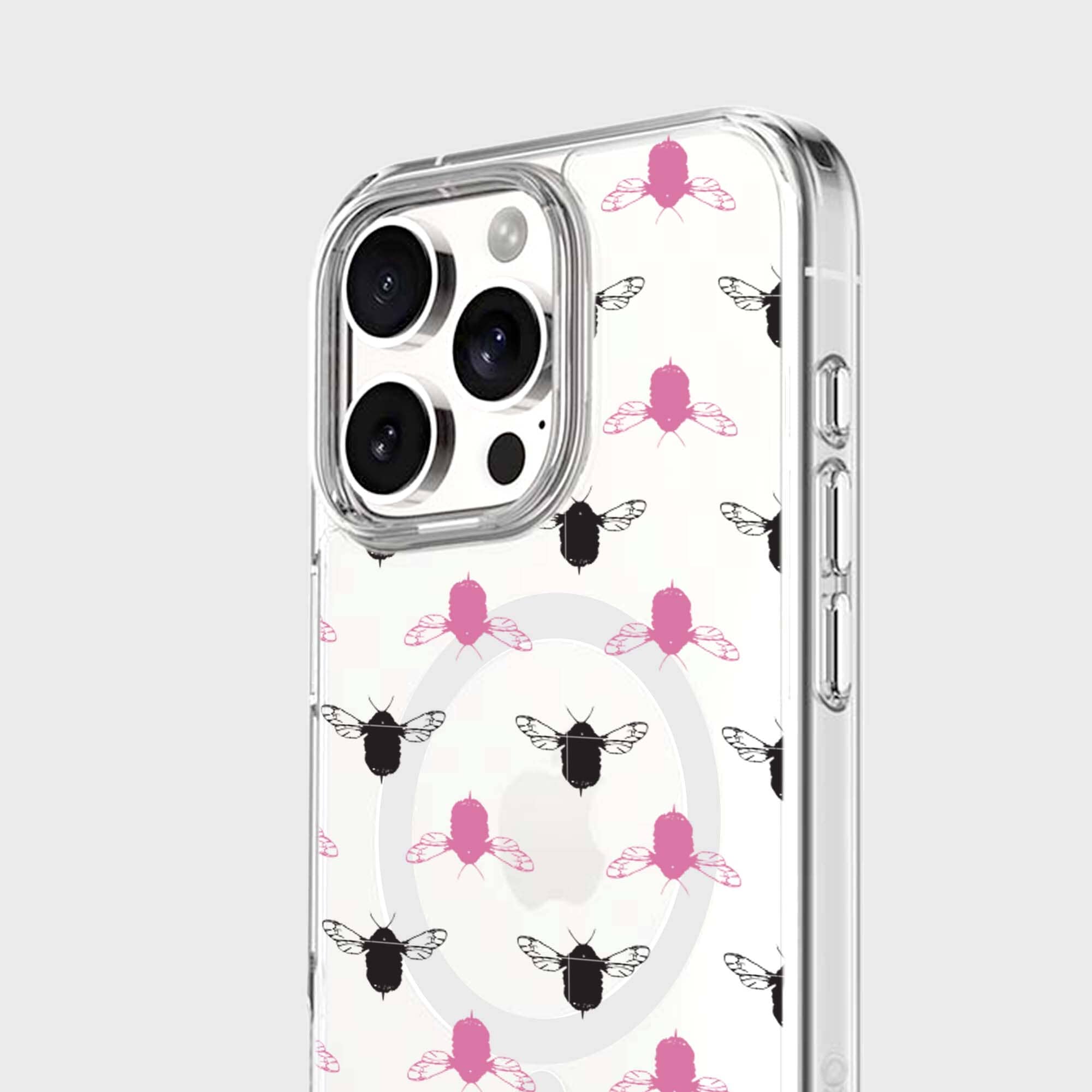 iPhone 16 Pro Clear Case - Black and Pink Bumble Design