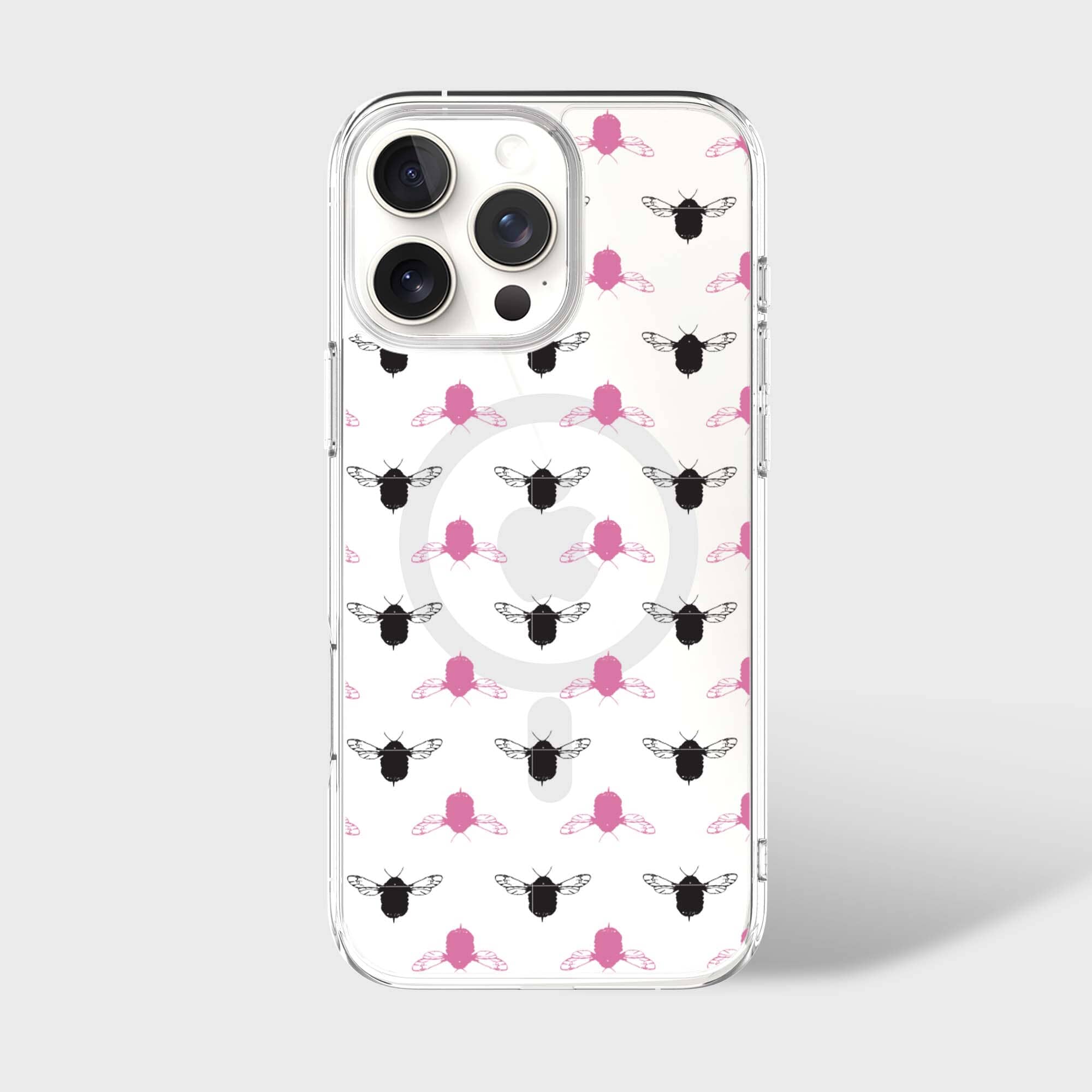 iPhone 16 Pro Clear Case - Black and Pink Bumble Design
