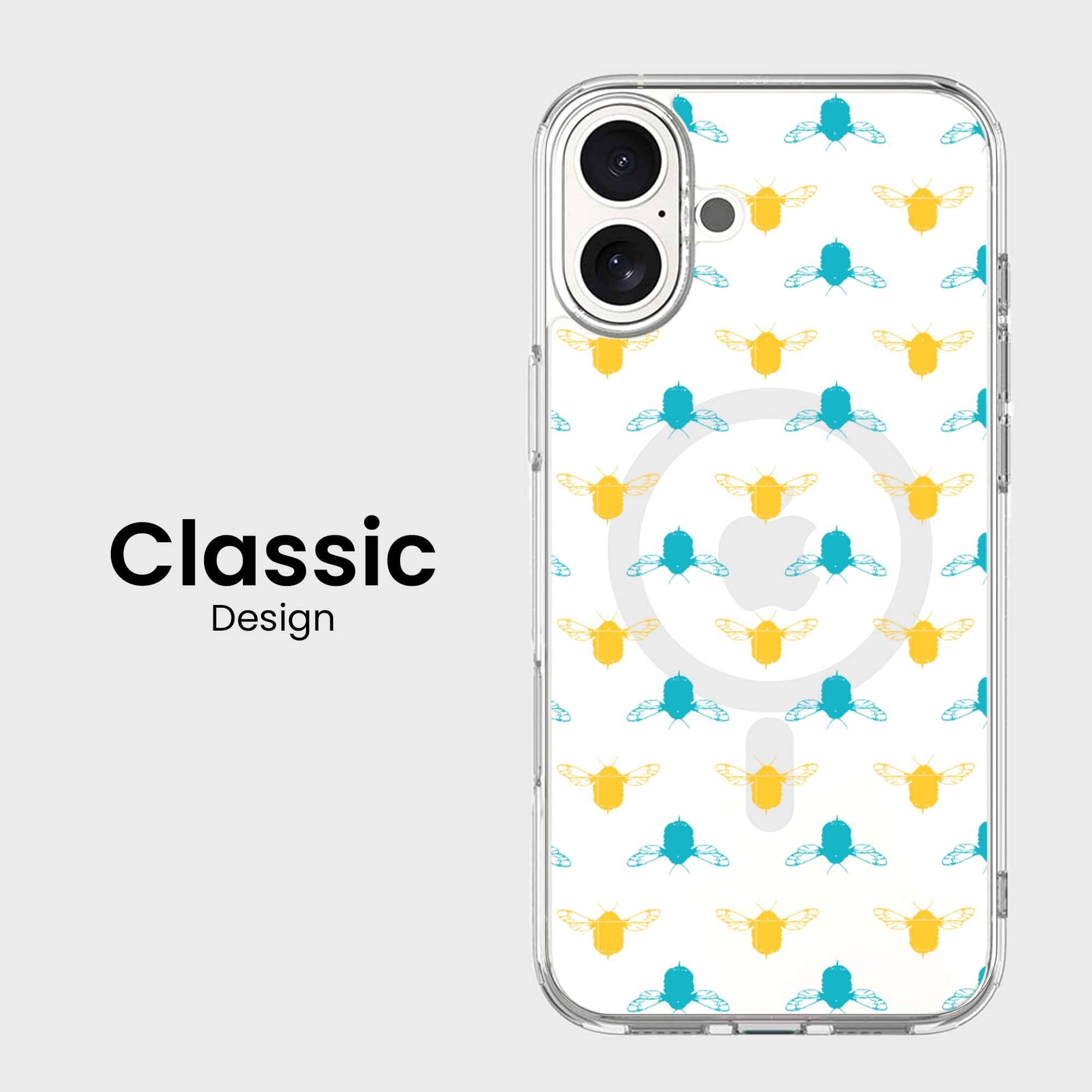 iPhone 16 Clear Case - Blue and Yellow Bumble Design