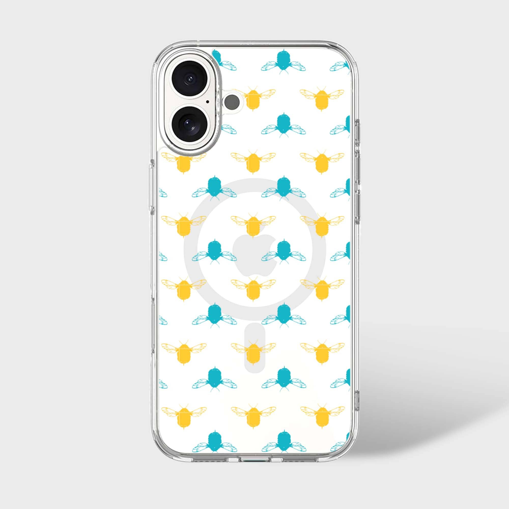 iPhone 16 Clear Case - Blue and Yellow Bumble Design