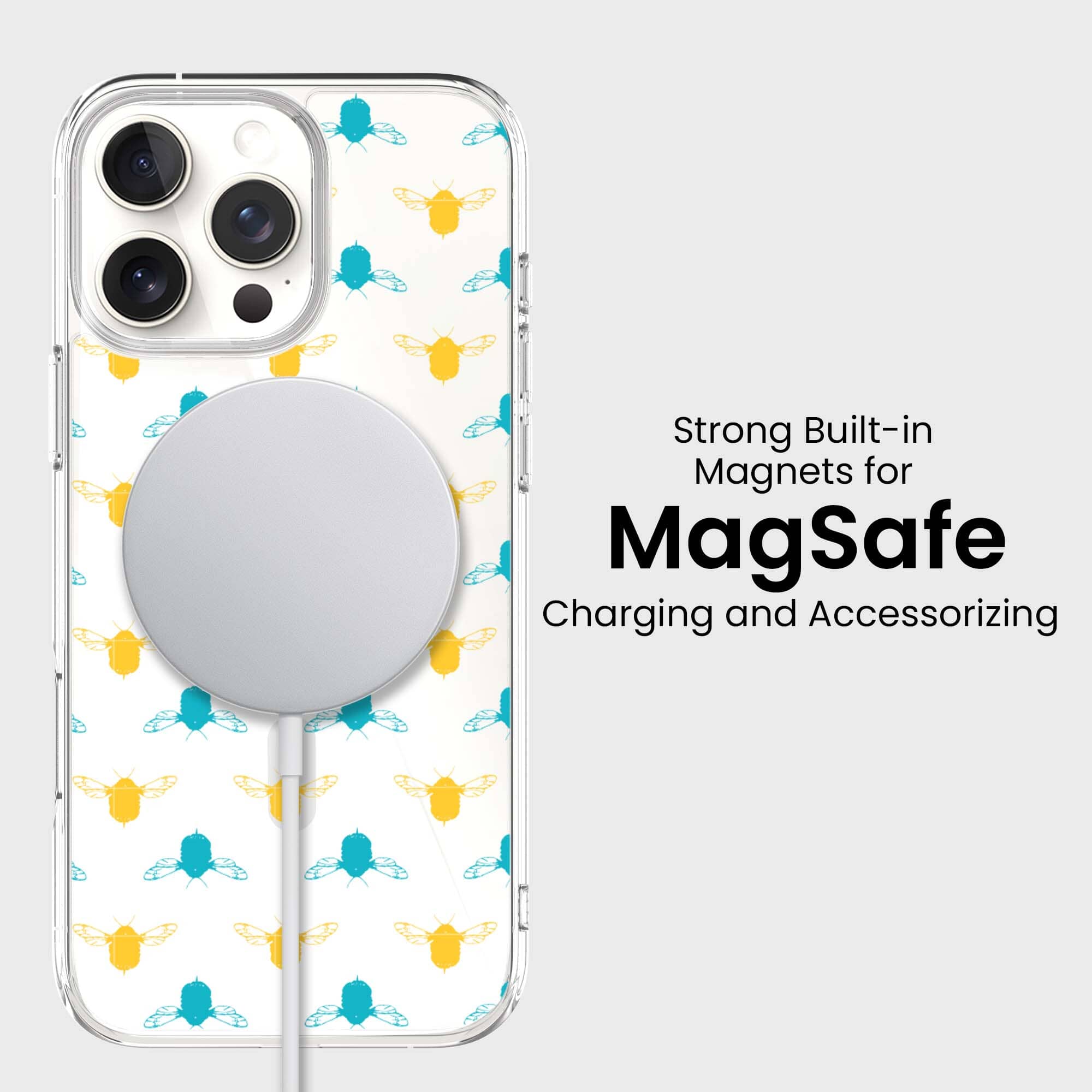 iPhone 16 Pro Clear Case - Blue and Yellow Bumble Design