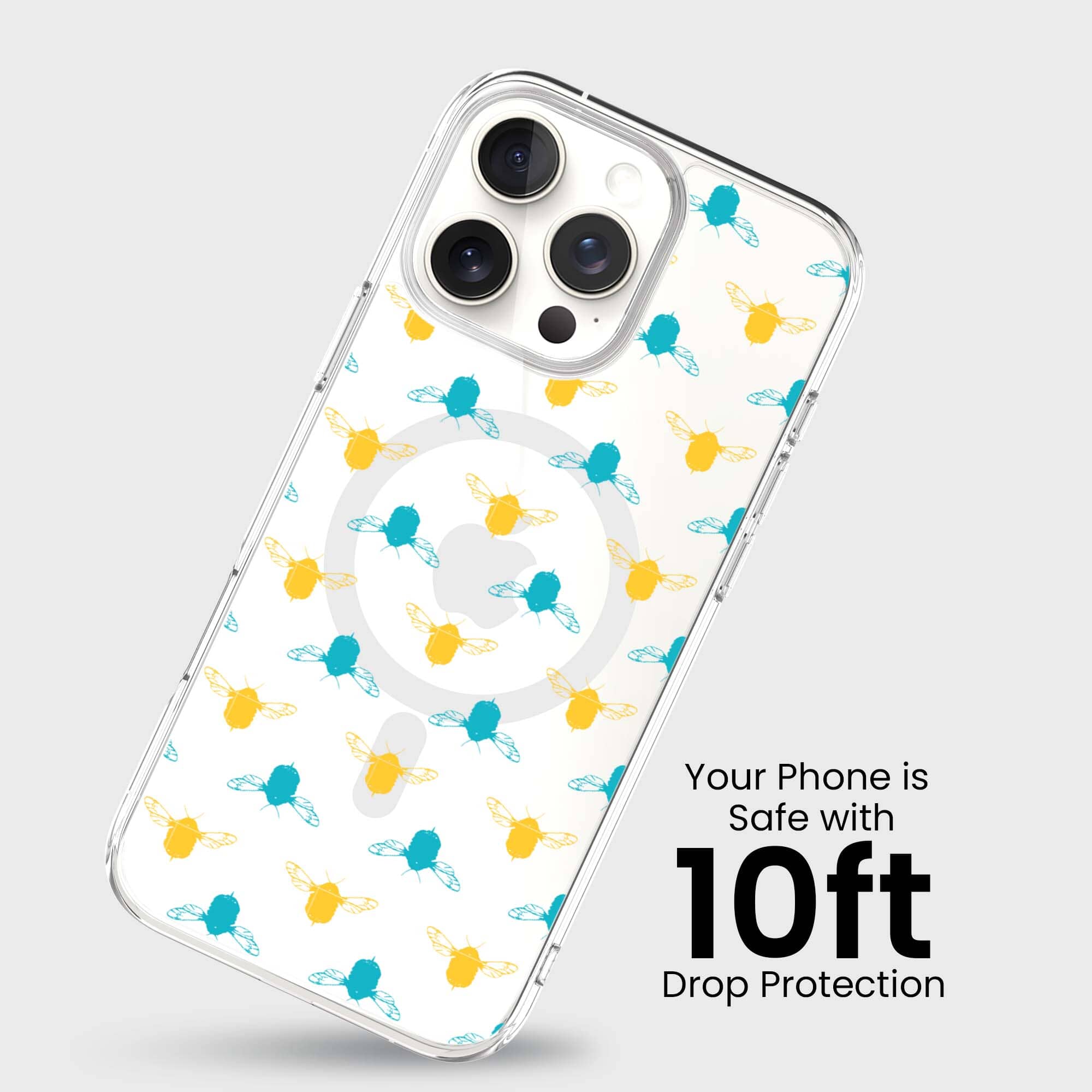 iPhone 16 Pro Max Clear Case - Blue and Yellow Bumble Design
