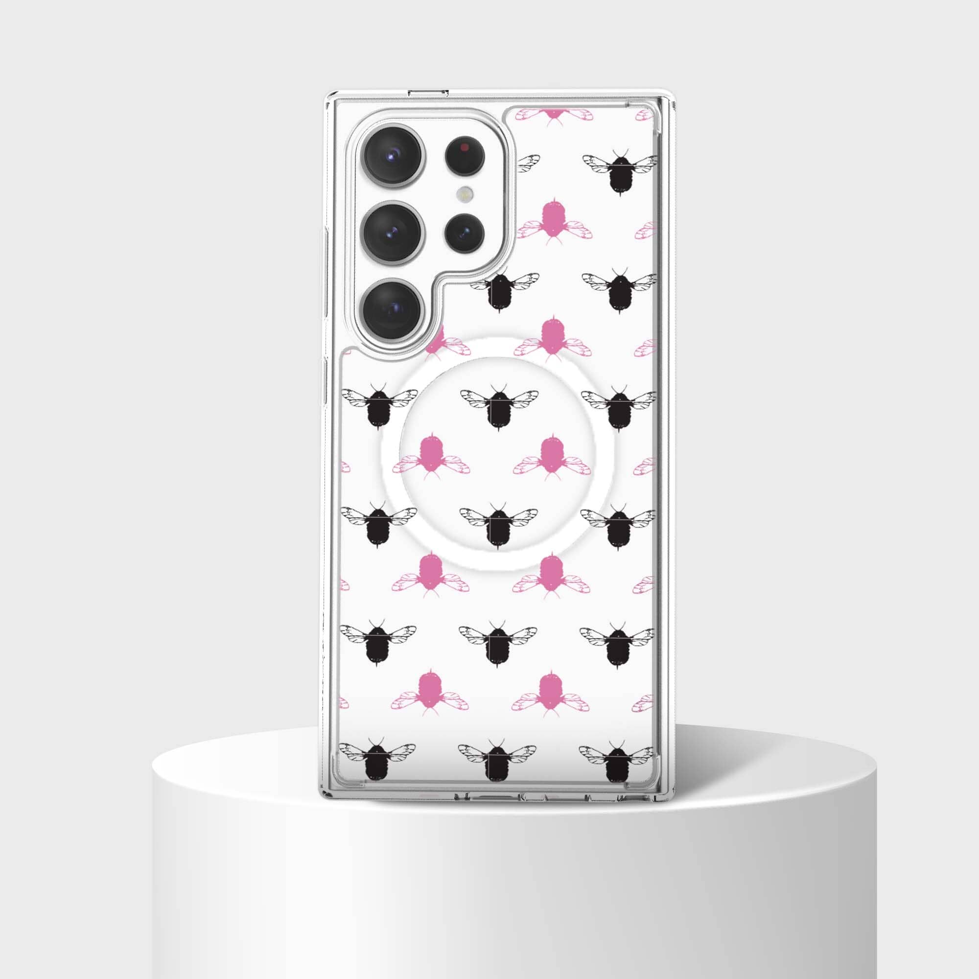 Samsung Galaxy S24 Ultra Clear Case - Black and Pink Bumble Design