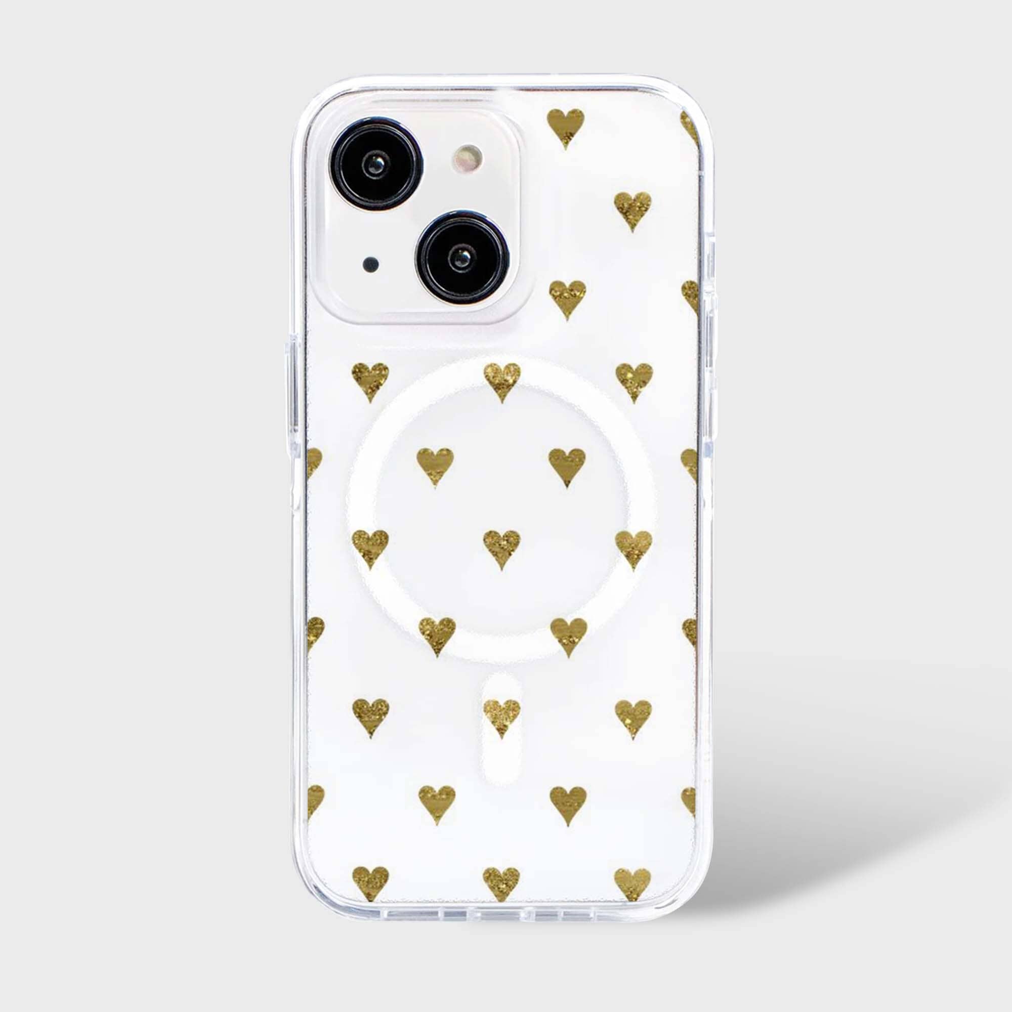 MagSafe iPhone 15 Gold Hearts Clear Case