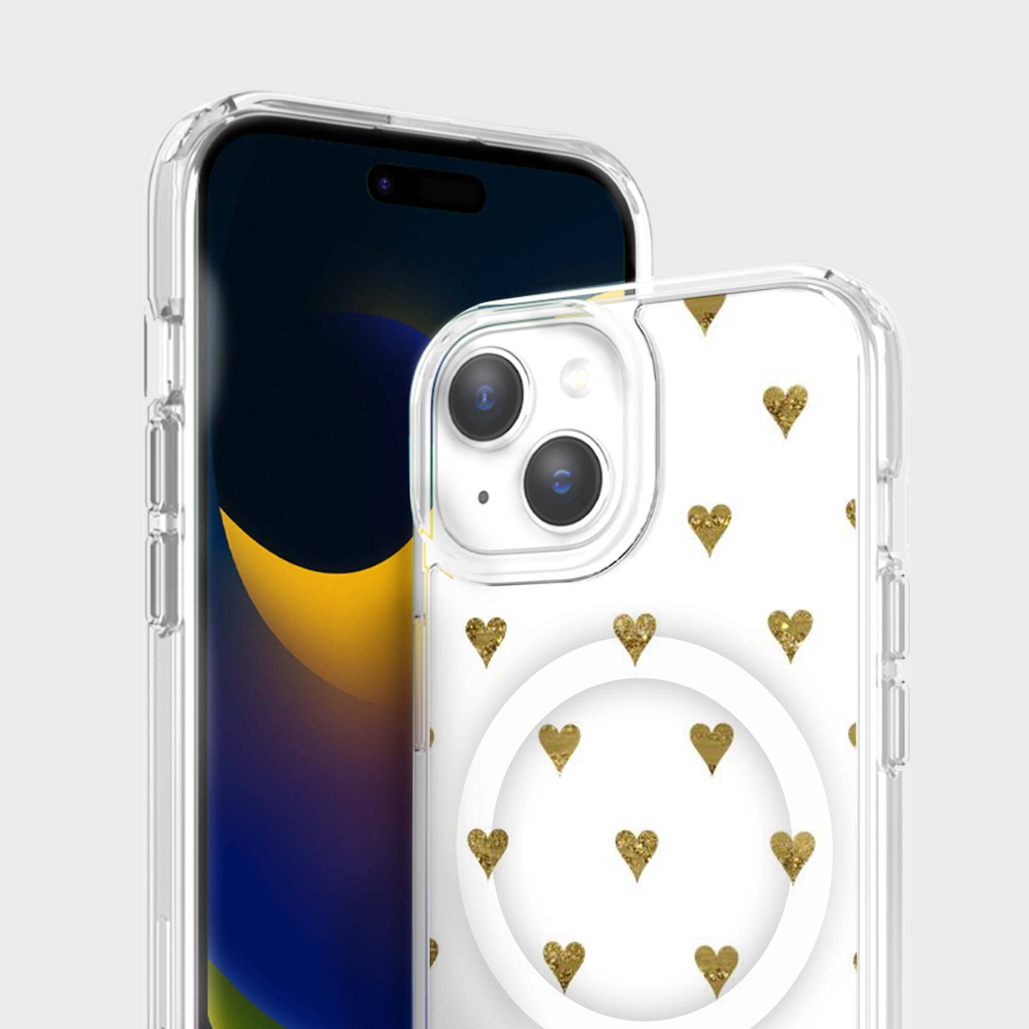 MagSafe iPhone 15 Gold Hearts Clear Case