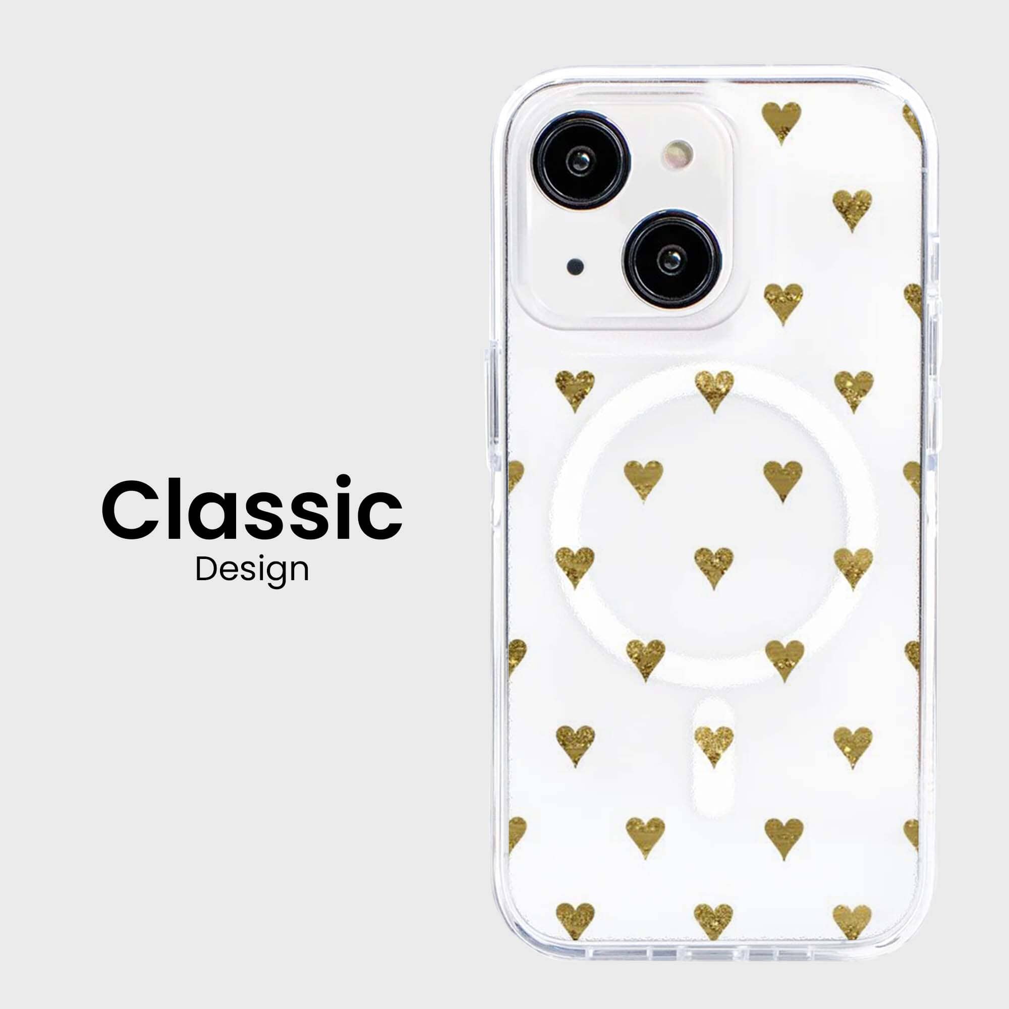 MagSafe iPhone 15 Gold Hearts Clear Case