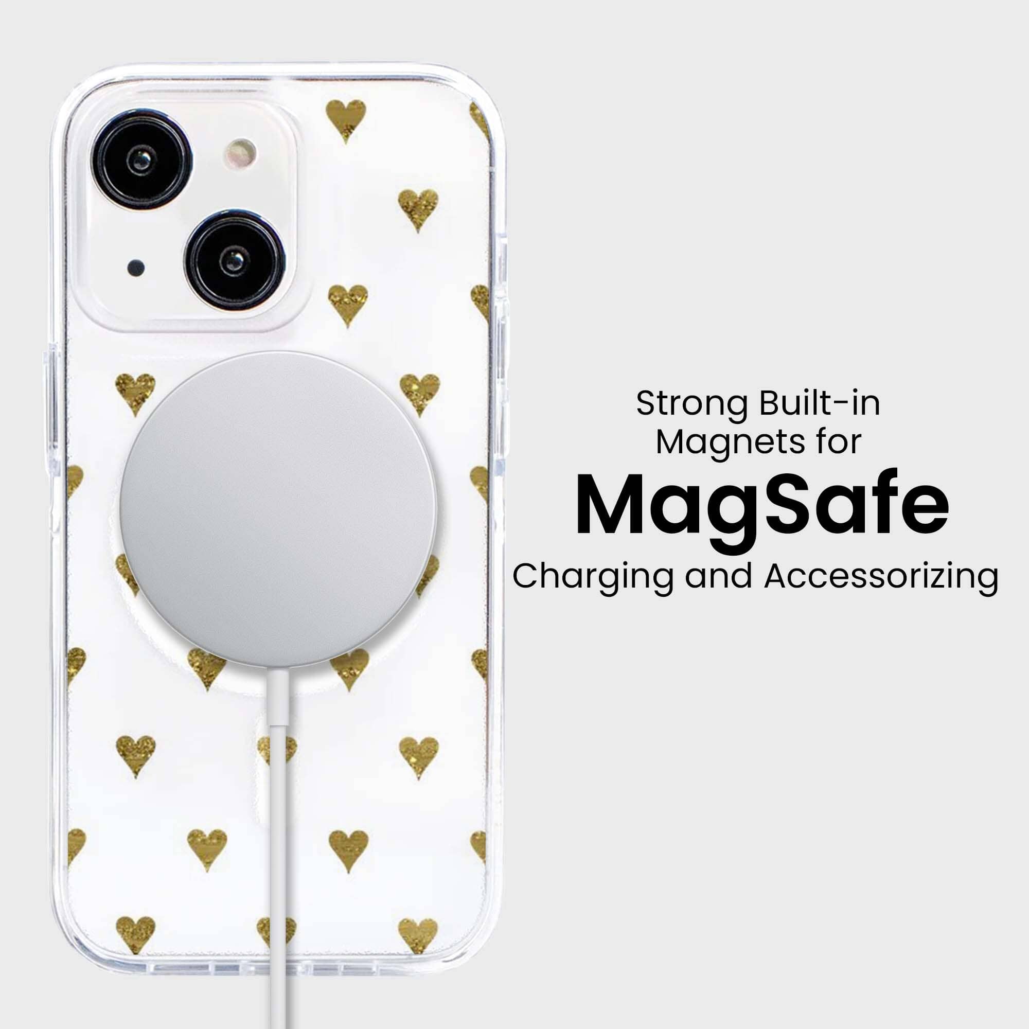 MagSafe iPhone 15 Gold Hearts Clear Case