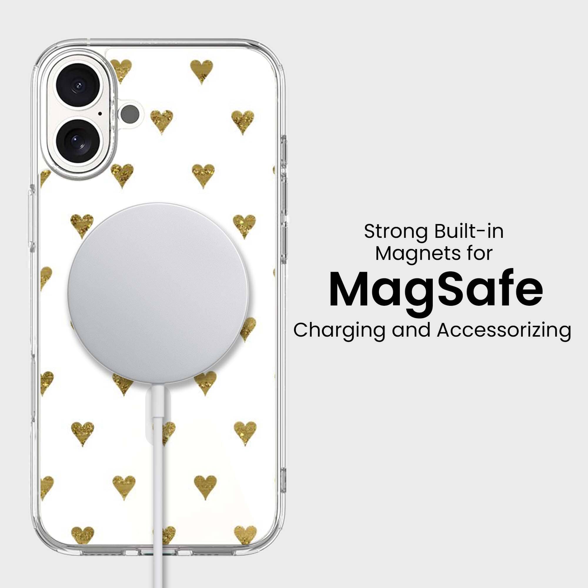 MagSafe iPhone 16 Gold Hearts Clear Case